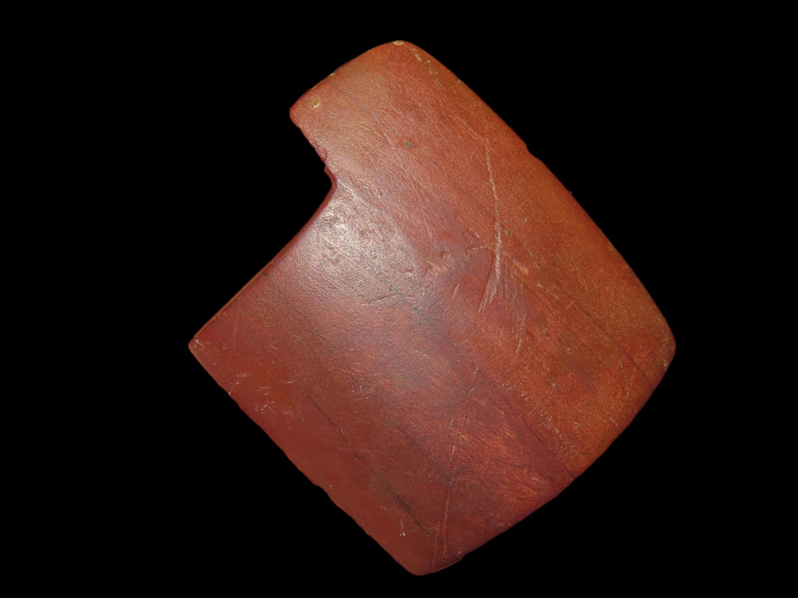 2 7/8" x 2 3/8" Pick Geniculate Bannerstone, Dickey COA,  **RESTORED** made of Red Slate, found in (1 of 12)