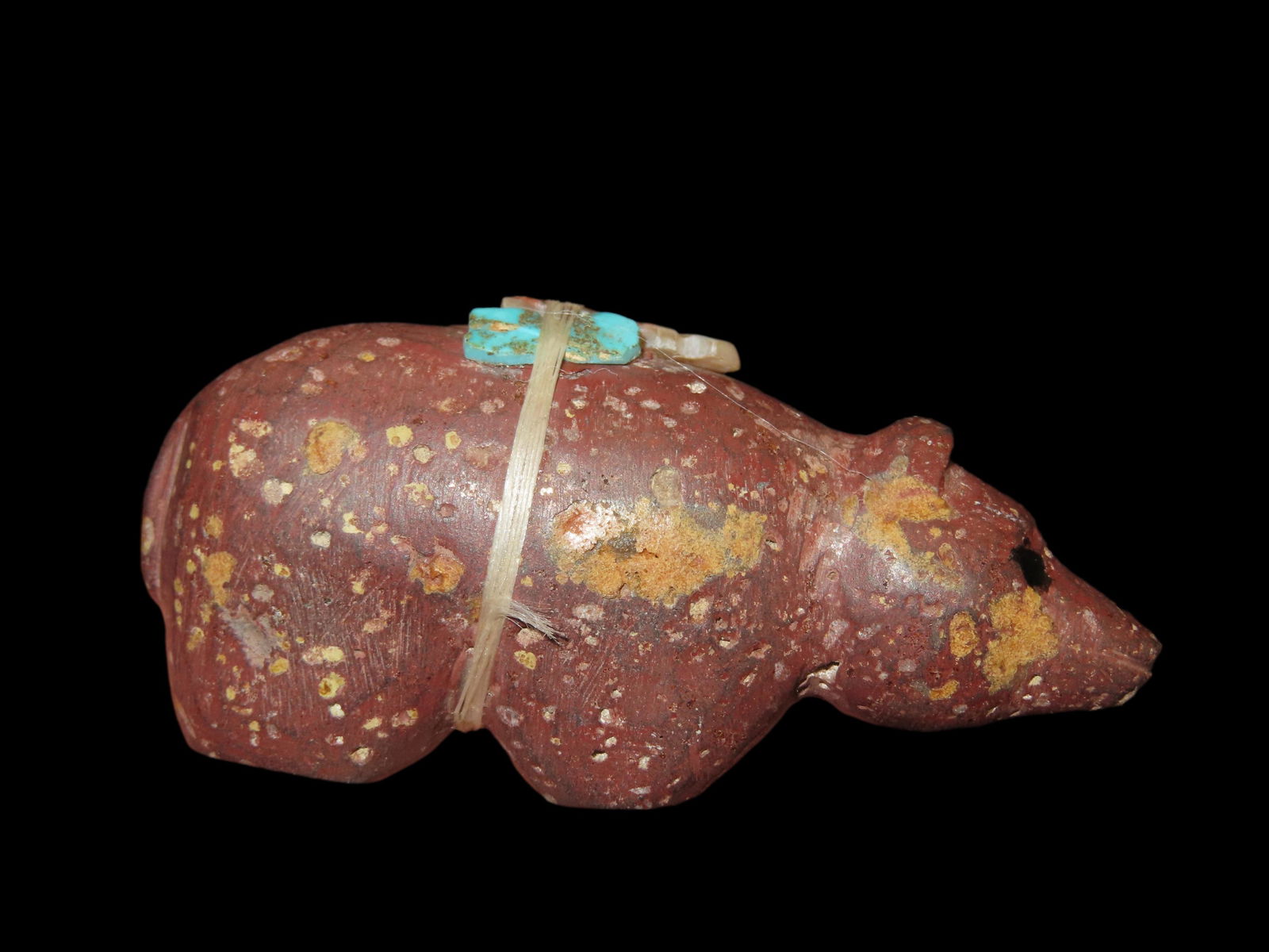 Zuni Pipestone Bear Fetish with Obsidian Inlay eyes and featuring Turquoise and Mother of Pearl, (1 of 8)