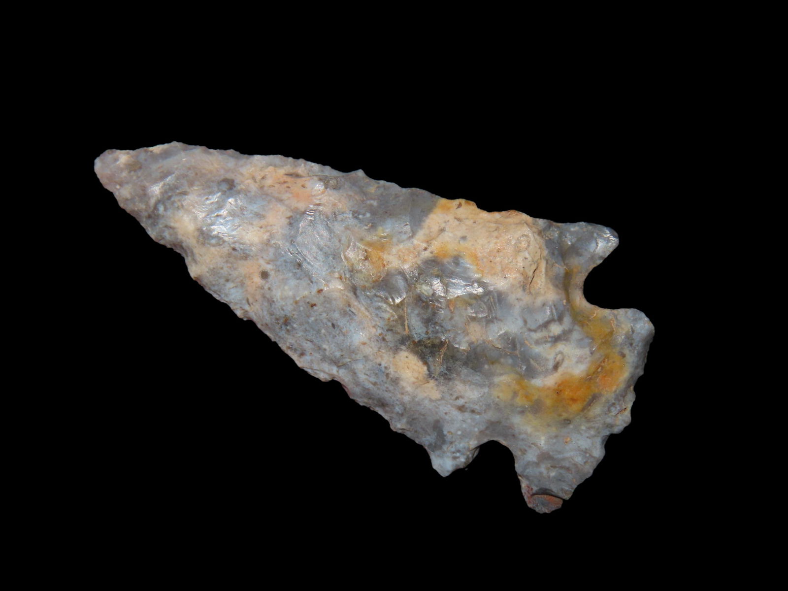 1 5/8" VERY COLORFUL ARCHAIC CORNER NOTCH FOUND AT LIMA LAKE IN ADAMS COUNTY ILLINOIS, INDIAN ARROWH (1 of 4)