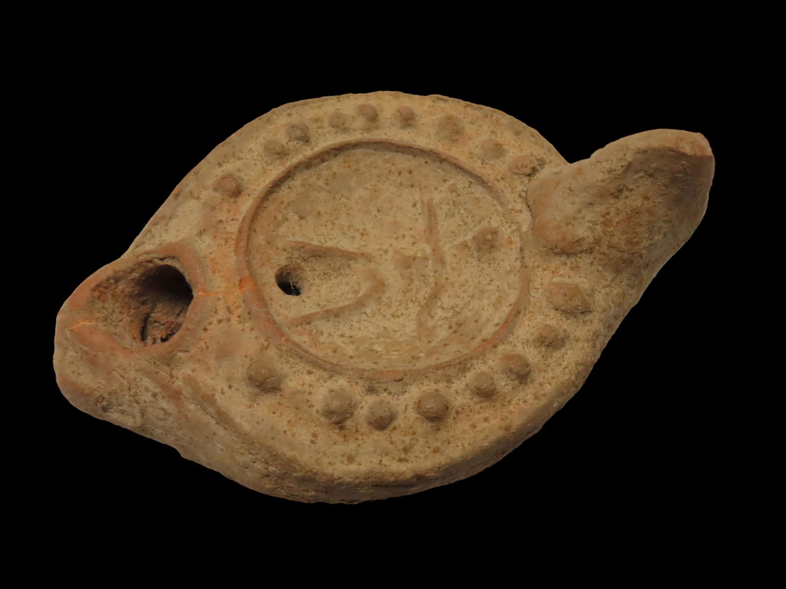 AMAZING HOLY LAND TERRA COTTA OIL LAMP FROM GREECE, NICE ORNATE EXAMPLE, 1500-3000 YEAR OLD ARTIFACT: AMAZING HOLY LAND TERRA COTTA OIL LAMP FROM GREECE, NICE ORNATE EXAMPLE, 1500-3000 YEAR OLD ARTIFACT