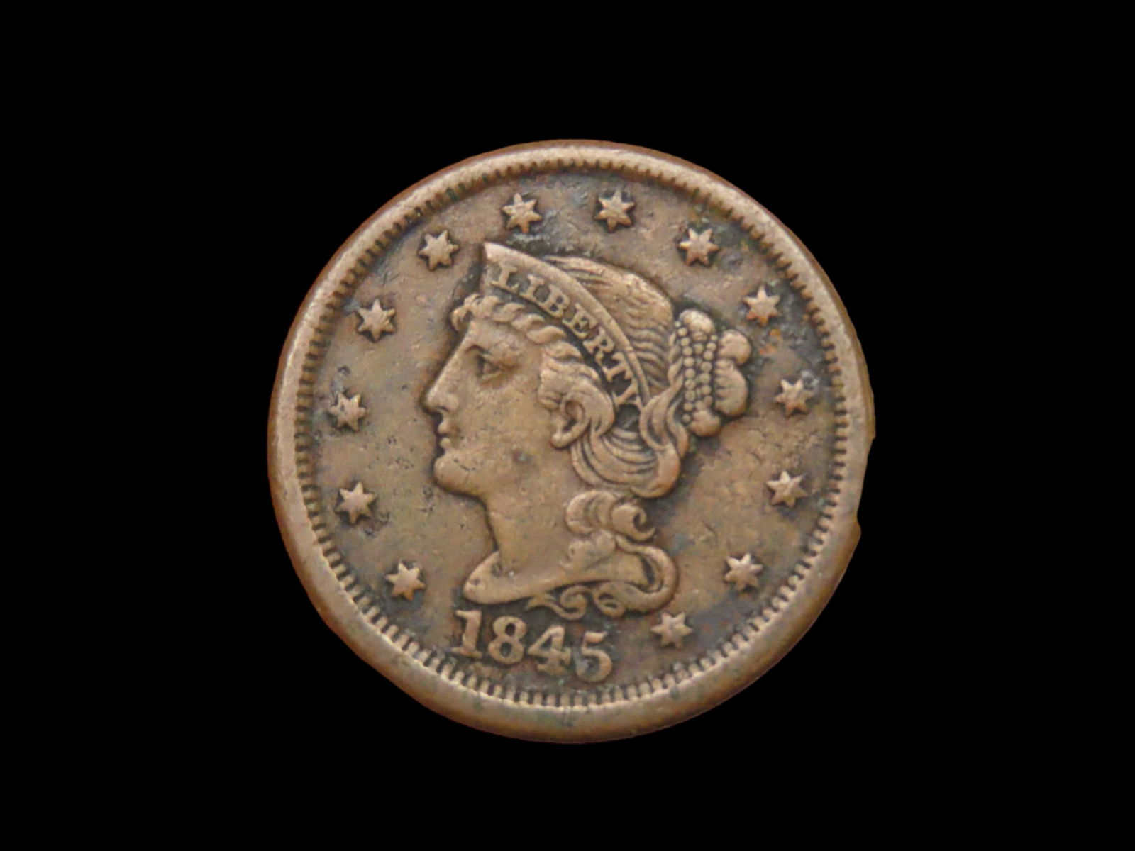 HIGHER GRADE 1845 LARGE CENT, EARLY US COPPER COIN (1 of 4)