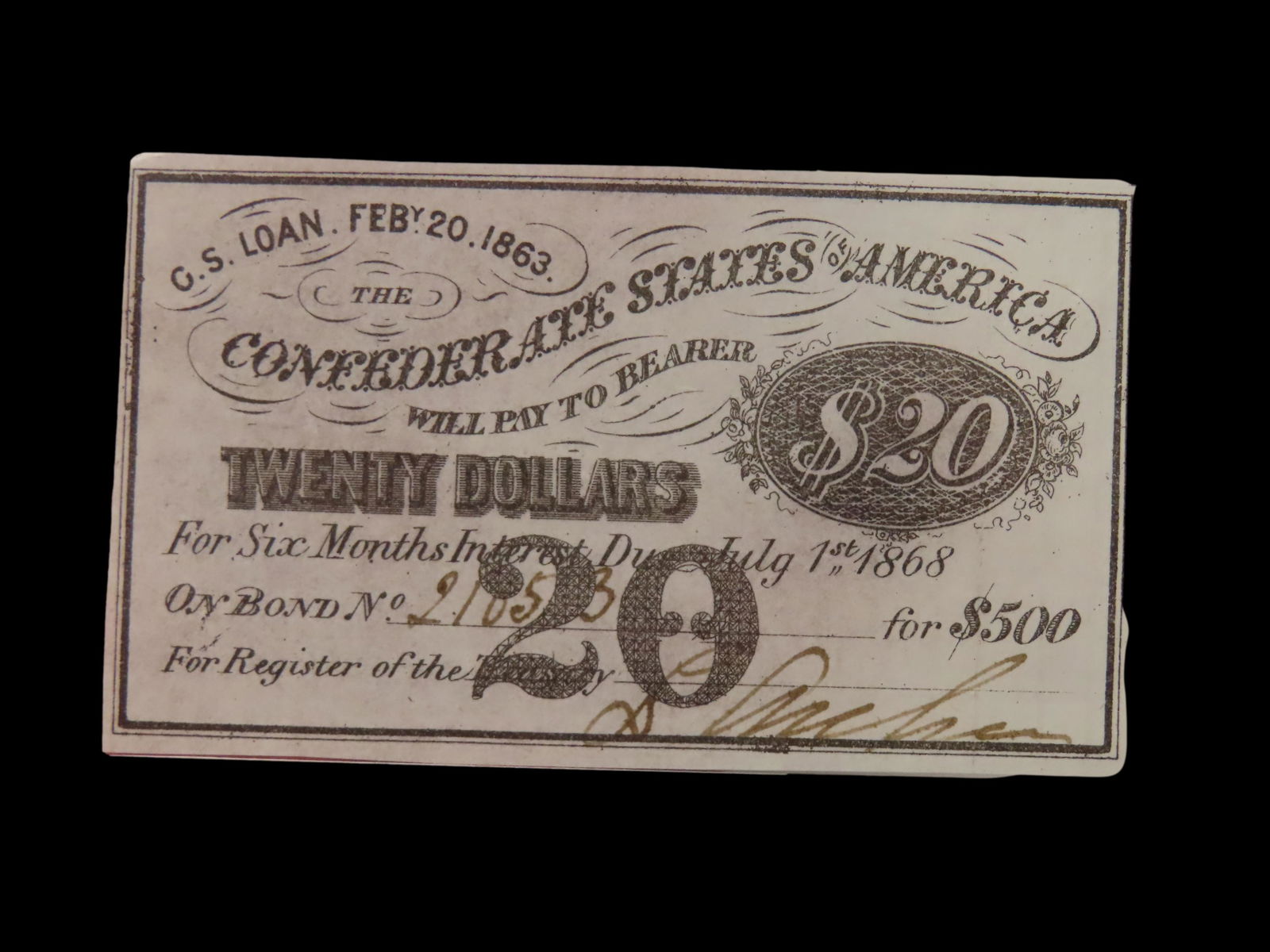 CIVIL WAR CONFEDERATE CURRENCY $20 BOND NOTE, DATED FEB. 20TH, 1863, GREAT PIECE OF US HISTORY (1 of 3)