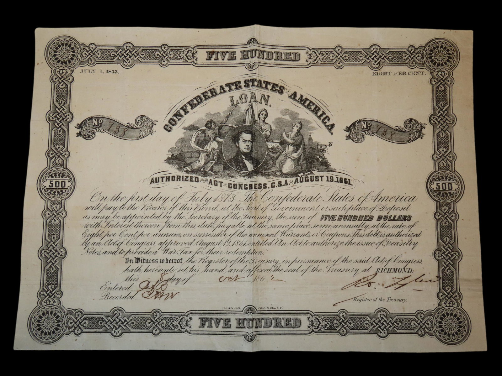 CIVIL WAR CONFEDERATE STATE $500 BOND DATED FEB. 8TH, 1863, HAND SIGNED ORIGINAL DOCUMENT FROM TIME  (1 of 4)
