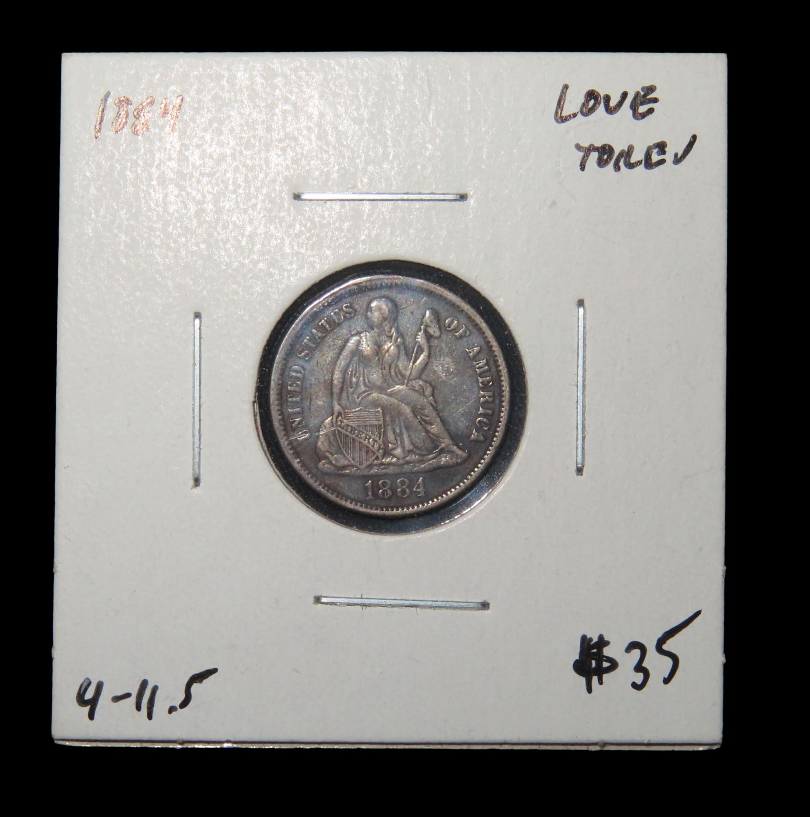 1884 SEATED LIBERTY SILVER DIME LOVE TOKEN, ENGRAVED ON REVERSE WITH INITIALS, NICE HIGHER GRADE EXA (1 of 3)