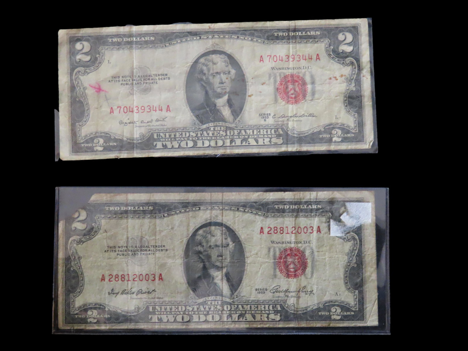PAIR OF 1953 $2 TWO DOLLAR RED SEAL SILVER CERTIFICATES (1 of 2)