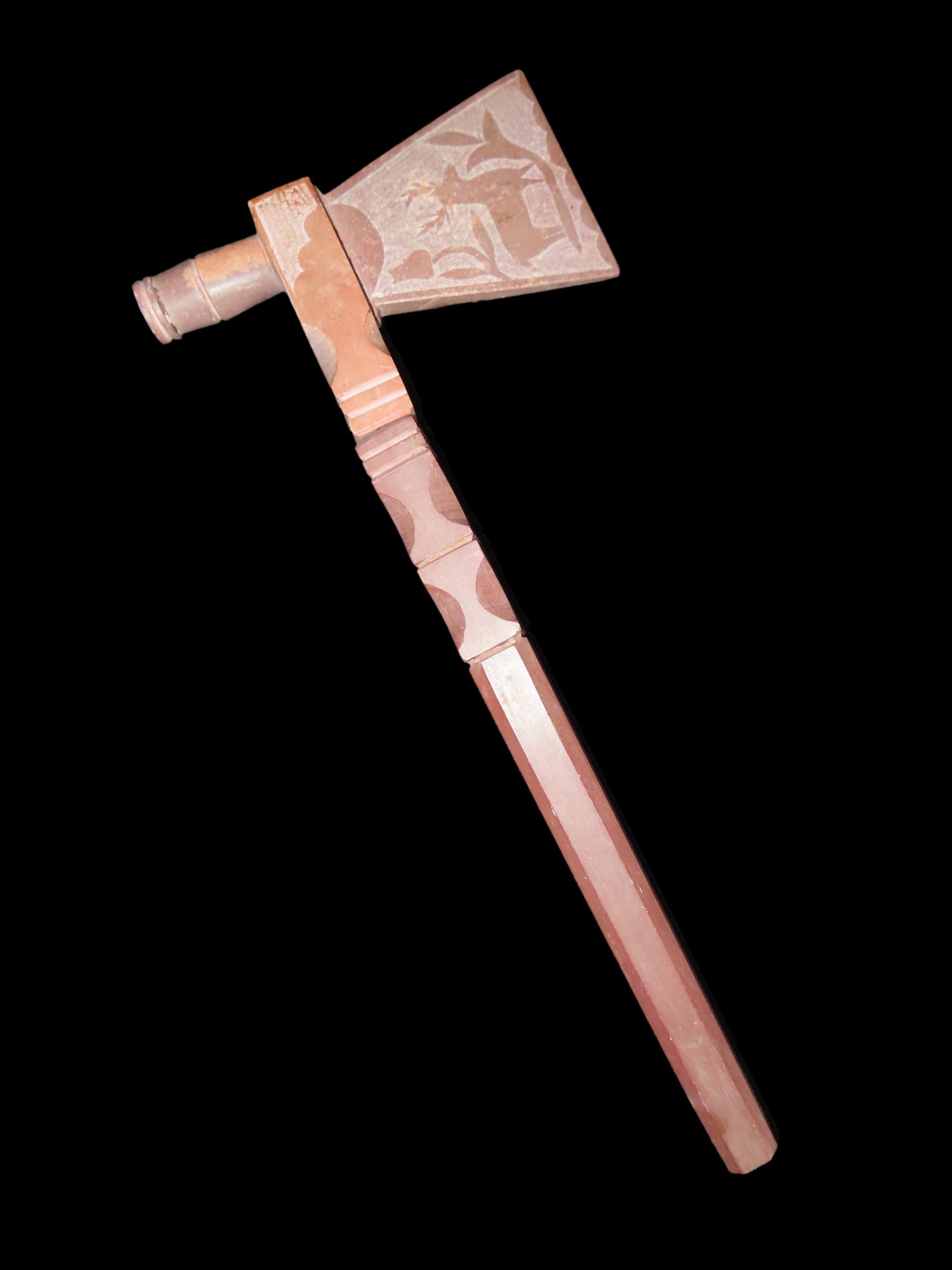 14 1/2" Catlinite Tomahawk Pipe, 2 pcs, with stem, floral and deer designs, Ex Mitch Lewis (1 of 11)
