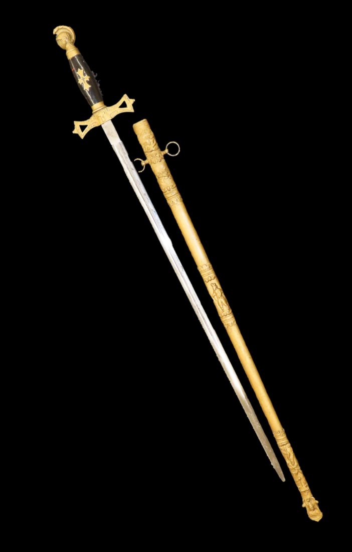 Knights Templar Masonic Sword H. R. CAPERLY Chicago w/ Scabbard overall length is 34 1/2" long (1 of 12)