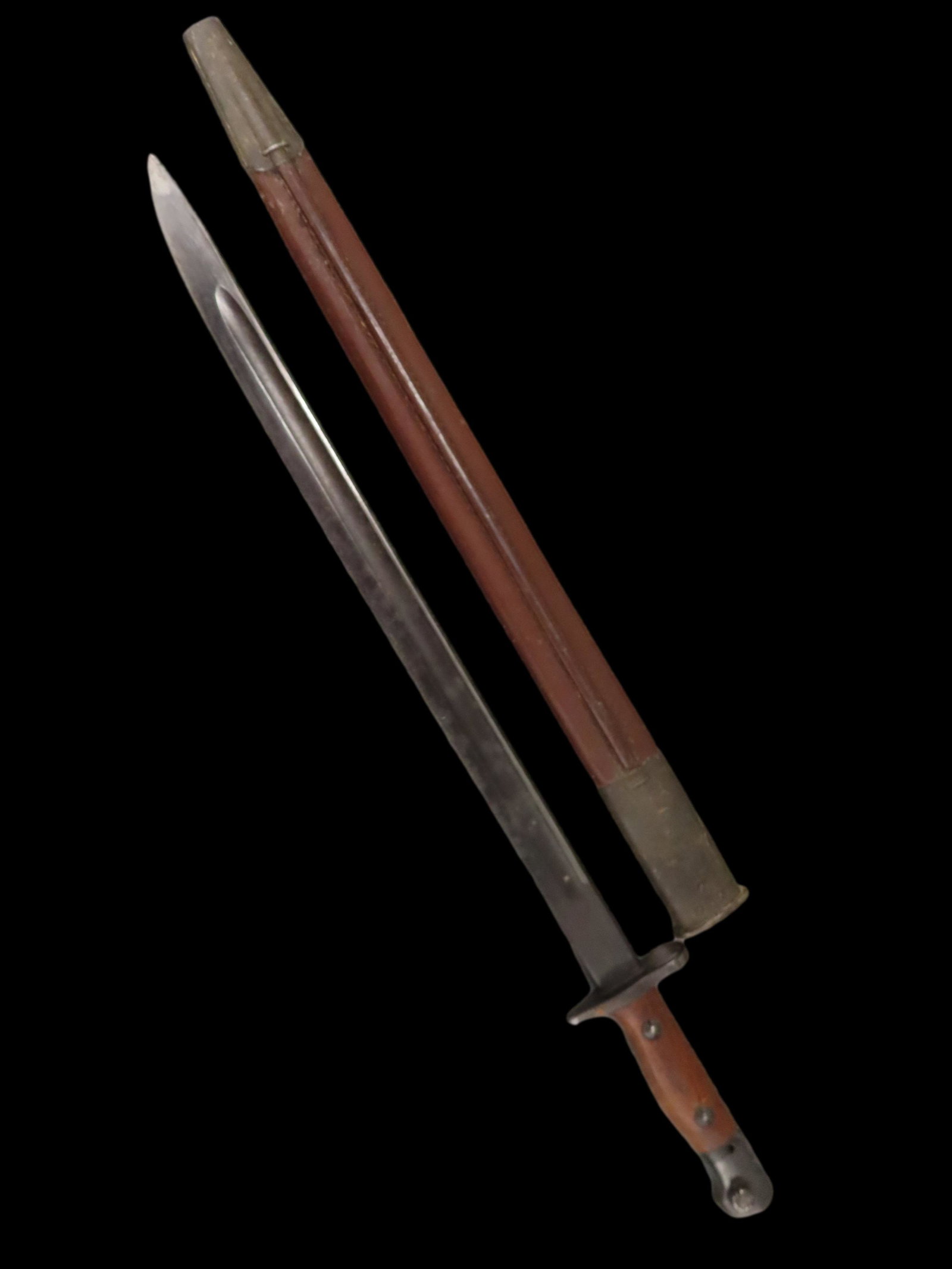 Brittish Enfield Bayonet / Scabbard Austrailian, Handles are marked Australia SLAZ 43 for Slazenger: Brittish Enfield Bayonet / Scabbard Austrailian, Handles are marked Australia SLAZ 43 for Slazenger maker of grips in WWII, 21 5/8" Overall Scabbard is marked MANGROVITE'44