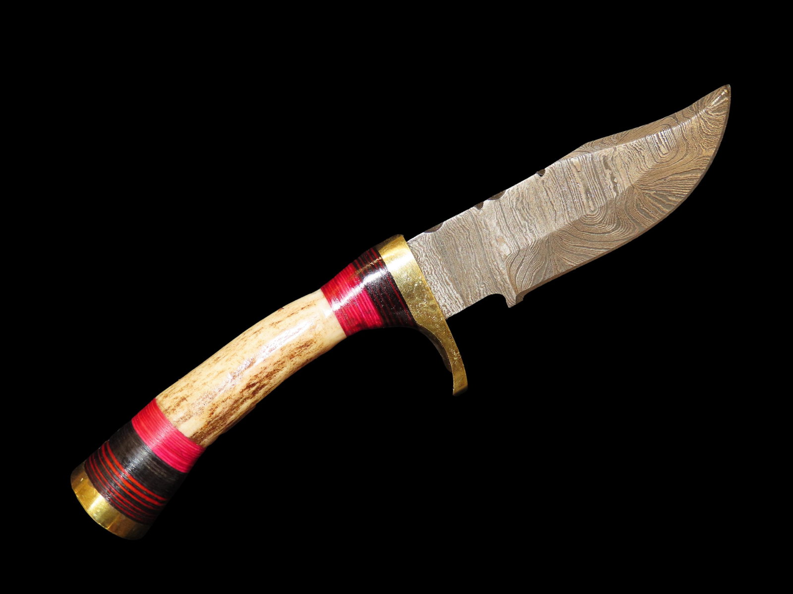 Fixed Blade 6" Knife, Antler handle, brass hilt, and Damascus steele-type blade-comes with belt (1 of 6)