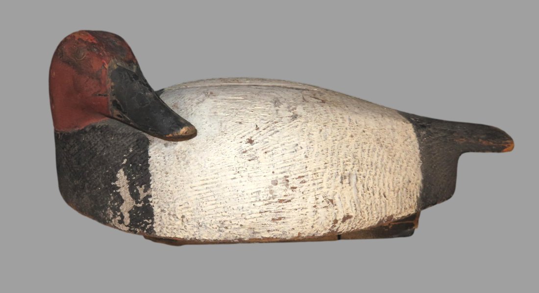 Sale Highlight! Wood Canvasback Working Decoy, with rare resting head, old repaint-tack eyes,  Ex (1 of 8)