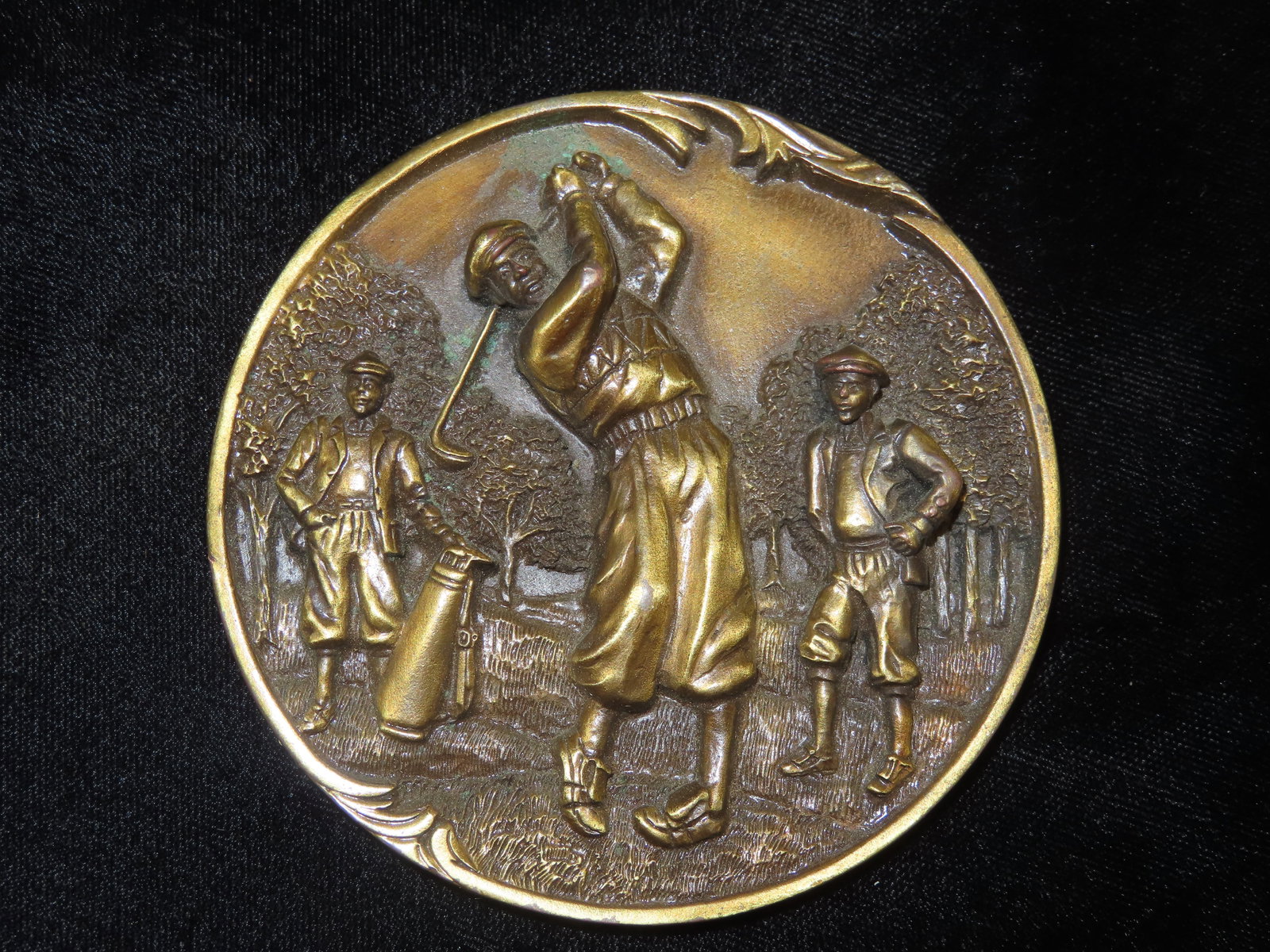 Vintage Bronze High-Relief Plaque Medallion Sculpture Golfing Paper Weight (1 of 5)