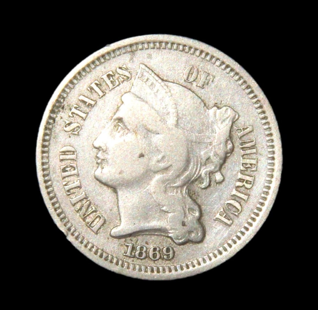 1869 THREE CENT NICKEL, EARLY US COIN, 3 CENT PIECE: 1869 THREE CENT NICKEL, EARLY US COIN, 3 CENT PIECE