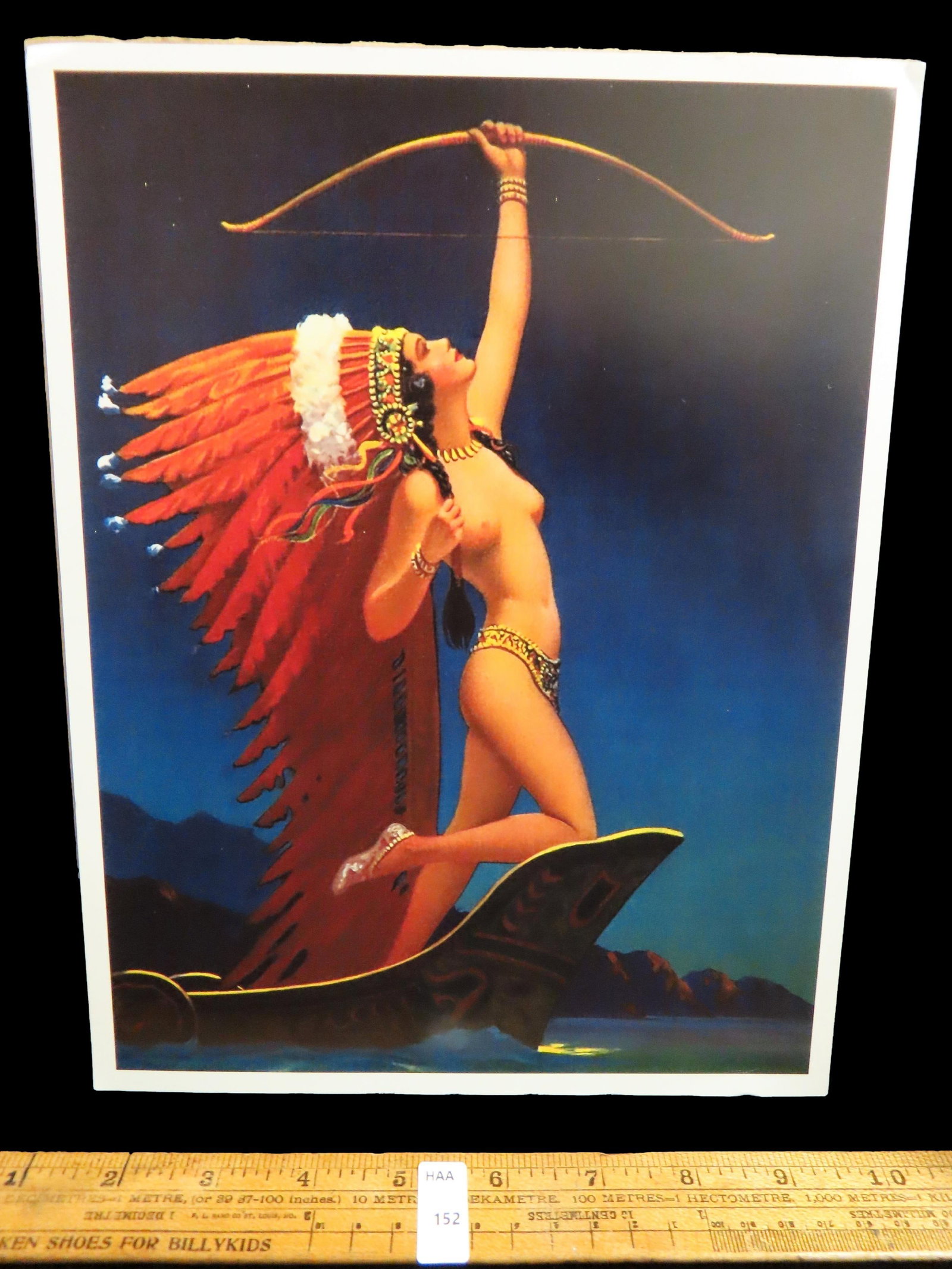 Vintage Pin-Up Print- Topless Maiden holding bow: Vintage Pin-Up Print- Topless Maiden holding bow