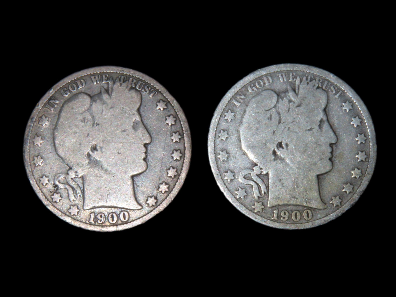 1900-P & 1900-O SILVER BARBER HALF DOLLARS, NEW ORLEANS MINT, 1 OUNCE OF SILVER, EARLY US COINS: 1900-P & 1900-O SILVER BARBER HALF DOLLARS, NEW ORLEANS MINT, 1 OUNCE OF SILVER, EARLY US COINS