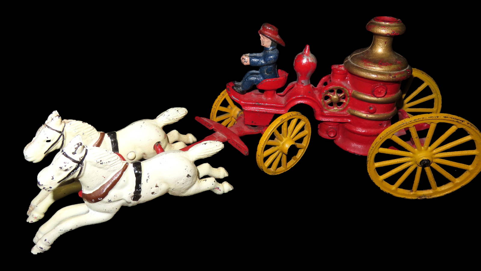 Cast Iron Toy Fire Wagon, W/fireman And 2 Horses Auction
