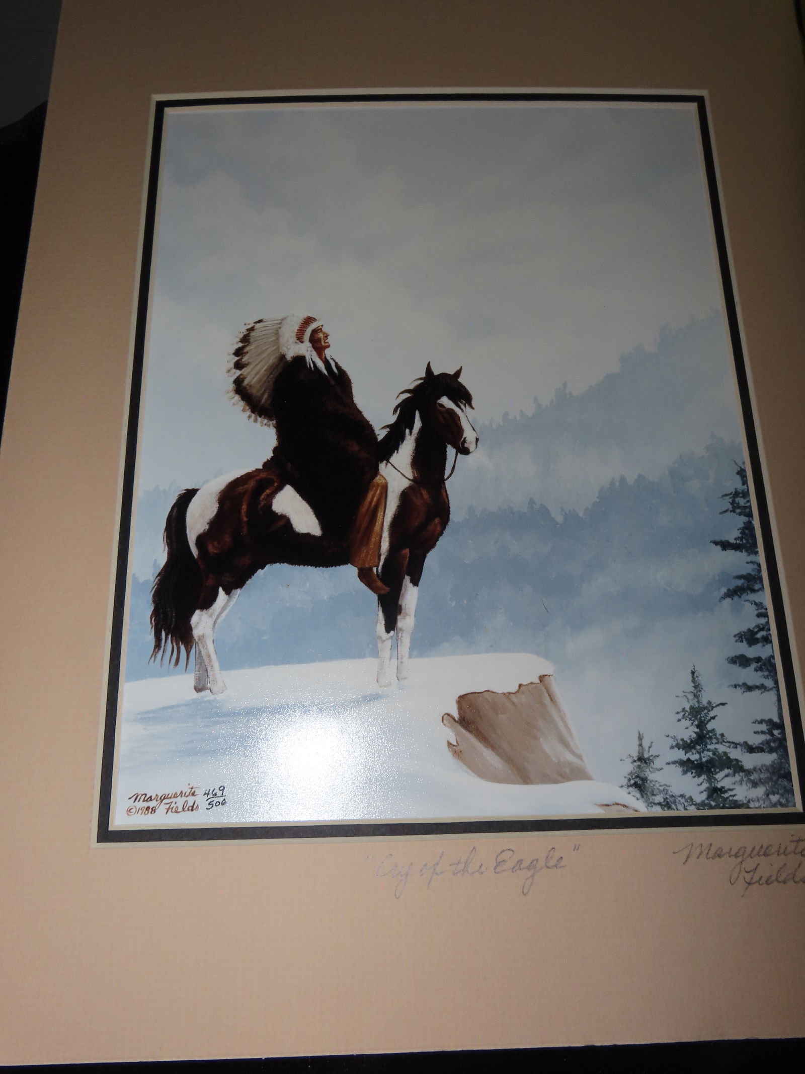"Cry of The Eagle" by Marguerite Fields, numbered 469/500, in the style of Bev Doolittle with hidden: "Cry of The Eagle" by Marguerite Fields, numbered 469/500, in the style of Bev Doolittle with hidden or ghostly images in the background. Matted 11" x 14"