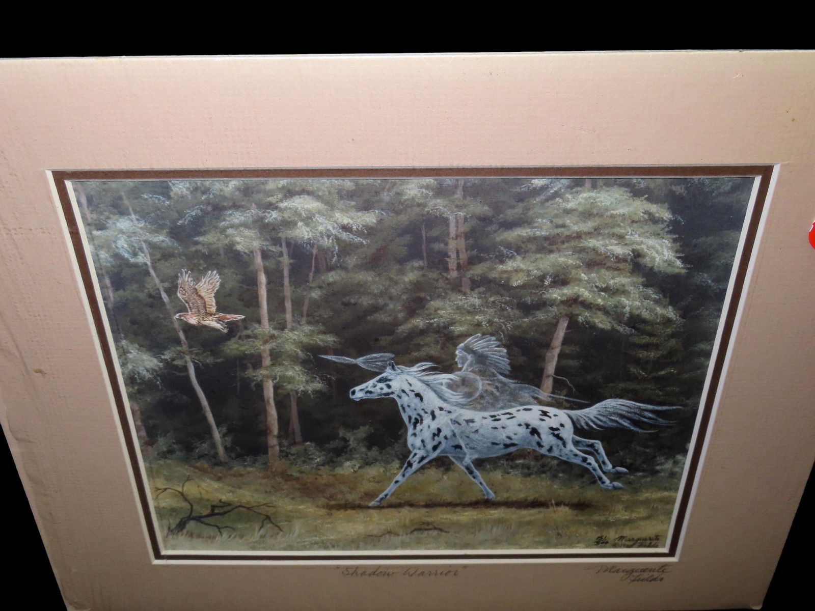"Shadow Warrior" by Marguerite Fields, numbered 151/500, in the style of Bev Doolittle with hidden: "Shadow Warrior" by Marguerite Fields, numbered 151/500, in the style of Bev Doolittle with hidden or ghostly images in the background. Matted 11" x 14"
