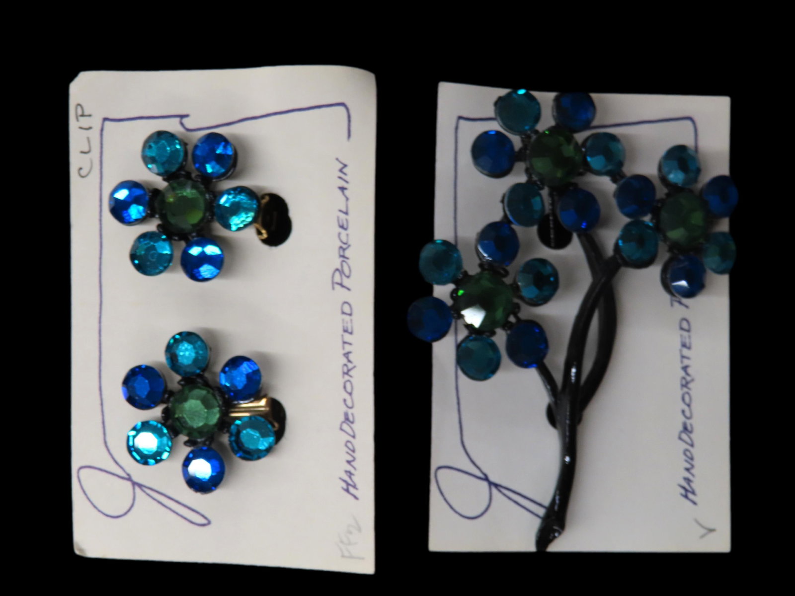 Nice Set of Early Jewelery Earrings and Pin made of hand decorated porclien handcrafted by Jean Feal (1 of 10)