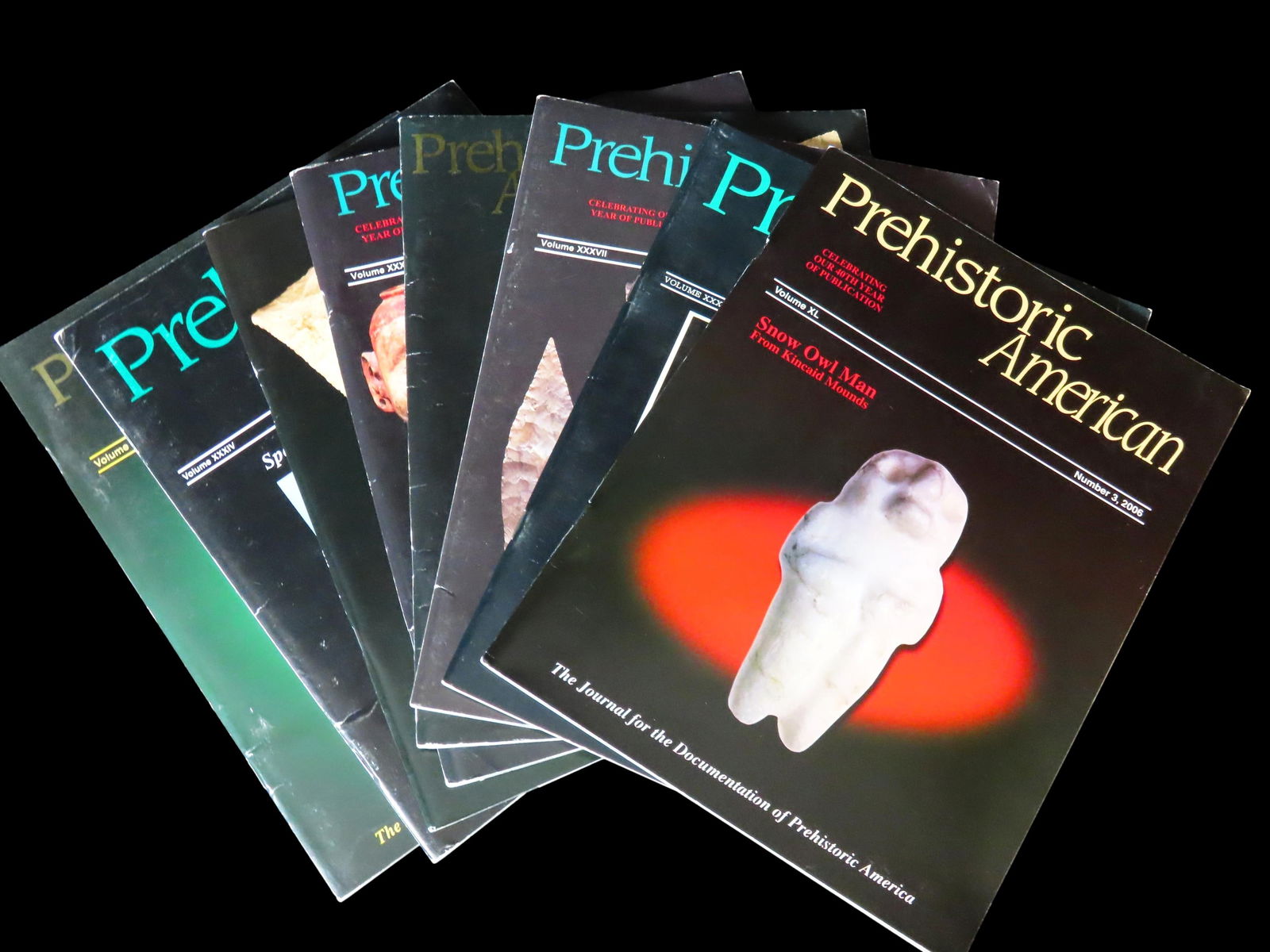 LOT OF 8 "PREHISTORIC AMERICAN" INDIAN ARTIFACT MAGAZINES FULL OF BANNERSTONES, AXES, CLOVIS, (1 of 2)