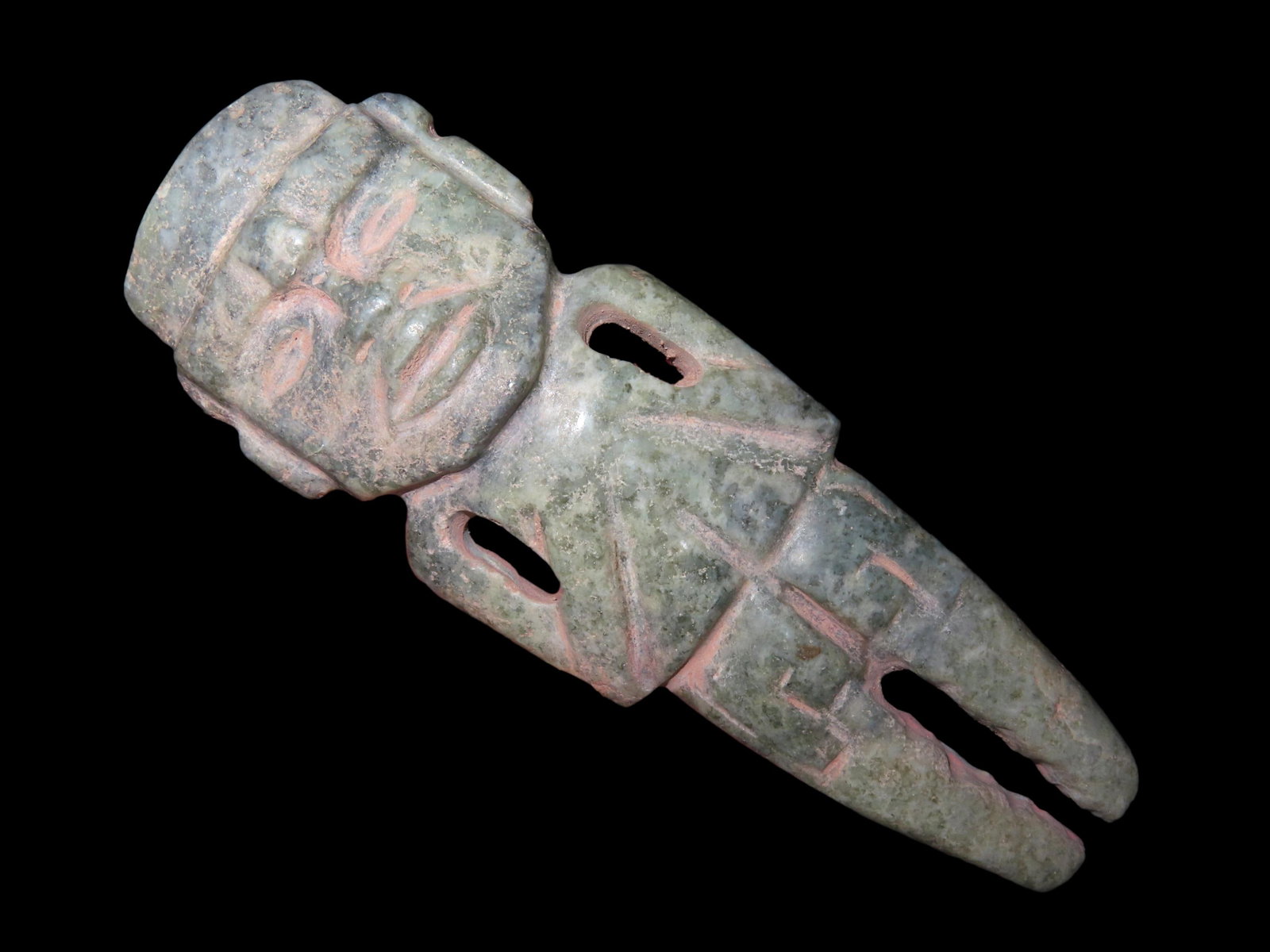 6 3/8" TEOTIHUACAN STANDING JADEITE FIGURE, PRECOLUMBIAN HUMAN EFFIGY FROM MEXICO, LARGE COLORFUL (1 of 11)