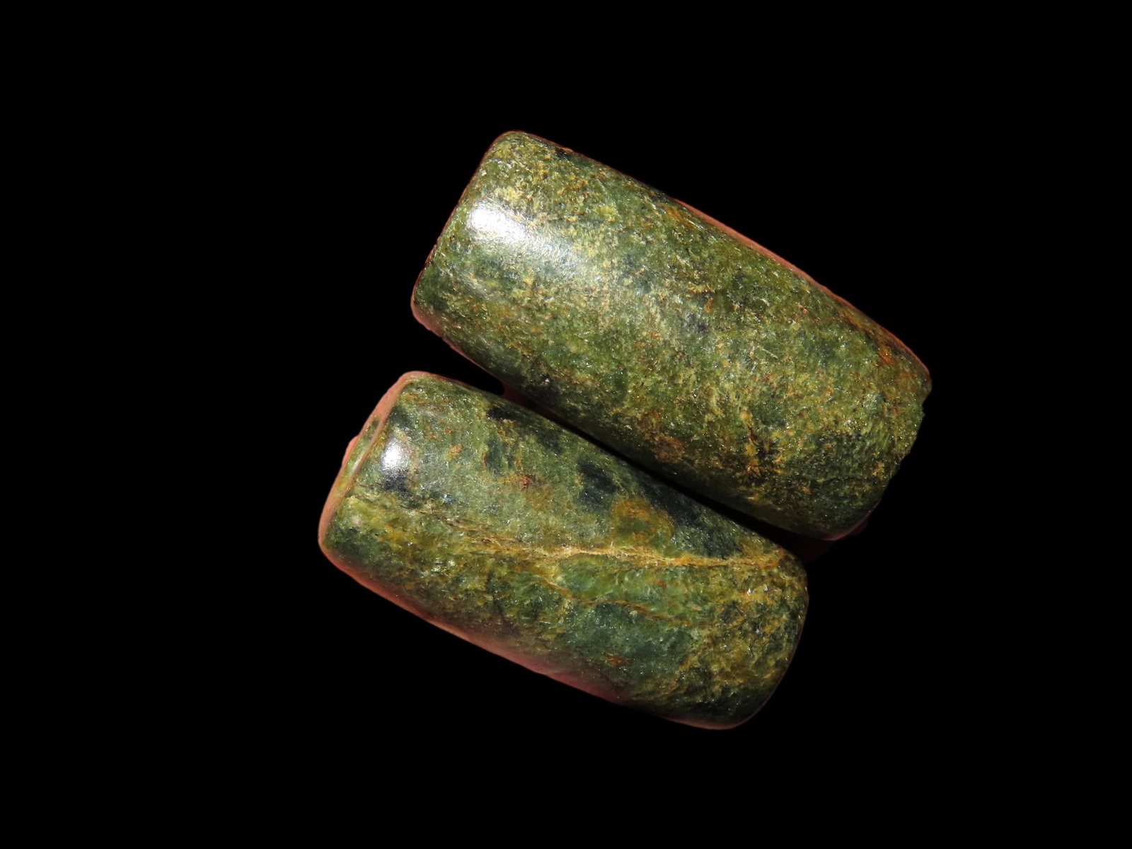 PAIR OF HIGHLY POLISHED MAYAN JADE BEADS FROM GUATEMALA, CIRCA 250-800AD, PRECOLUMBIAN DRILLED STONE (1 of 6)