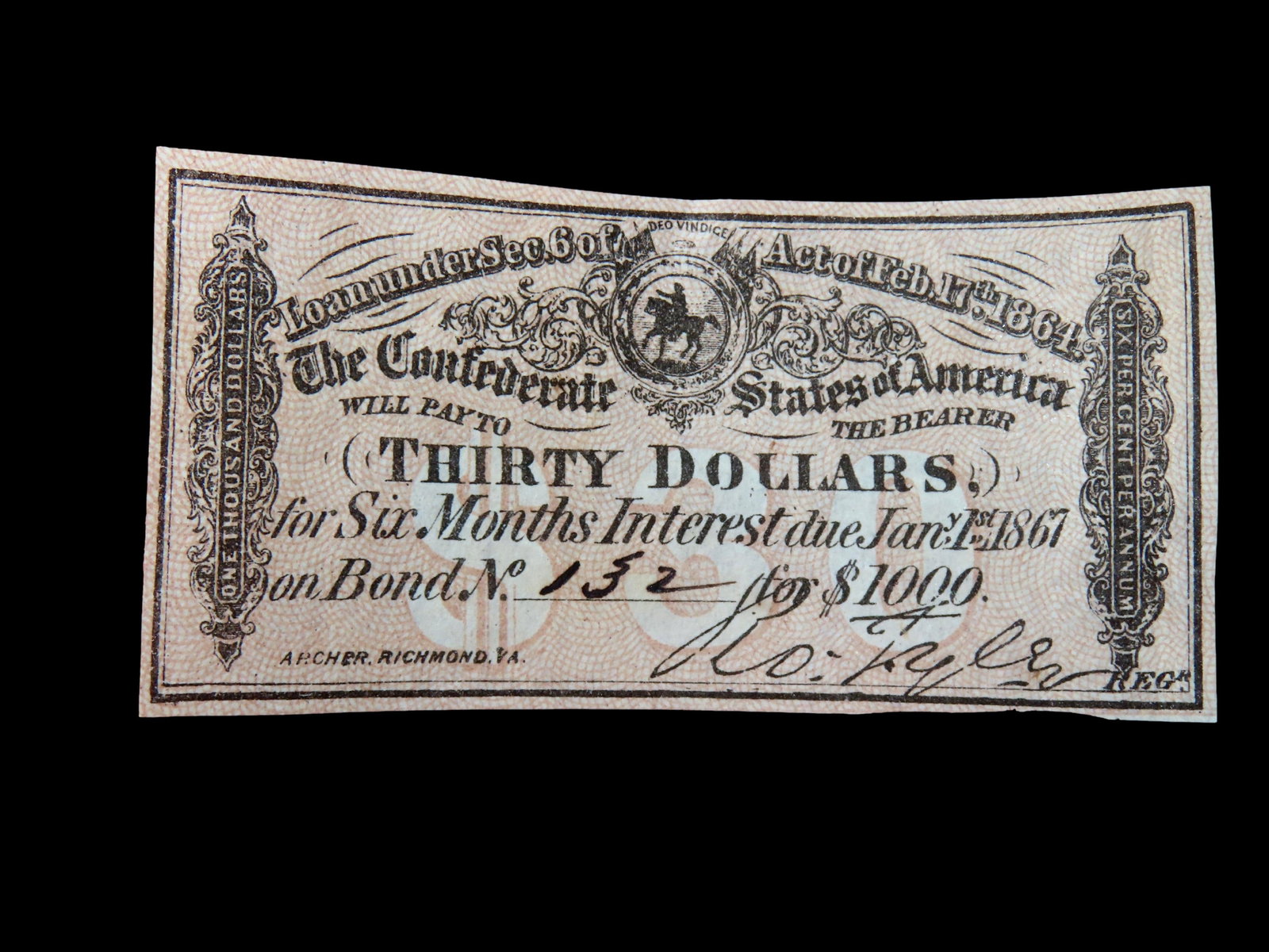 CIVIL WAR CONFEDERATE CURRENCY $30 BOND NOTE, DATED FEB 17, 1864, GREAT PIECE OF AMERICAN HISTORY (1 of 3)