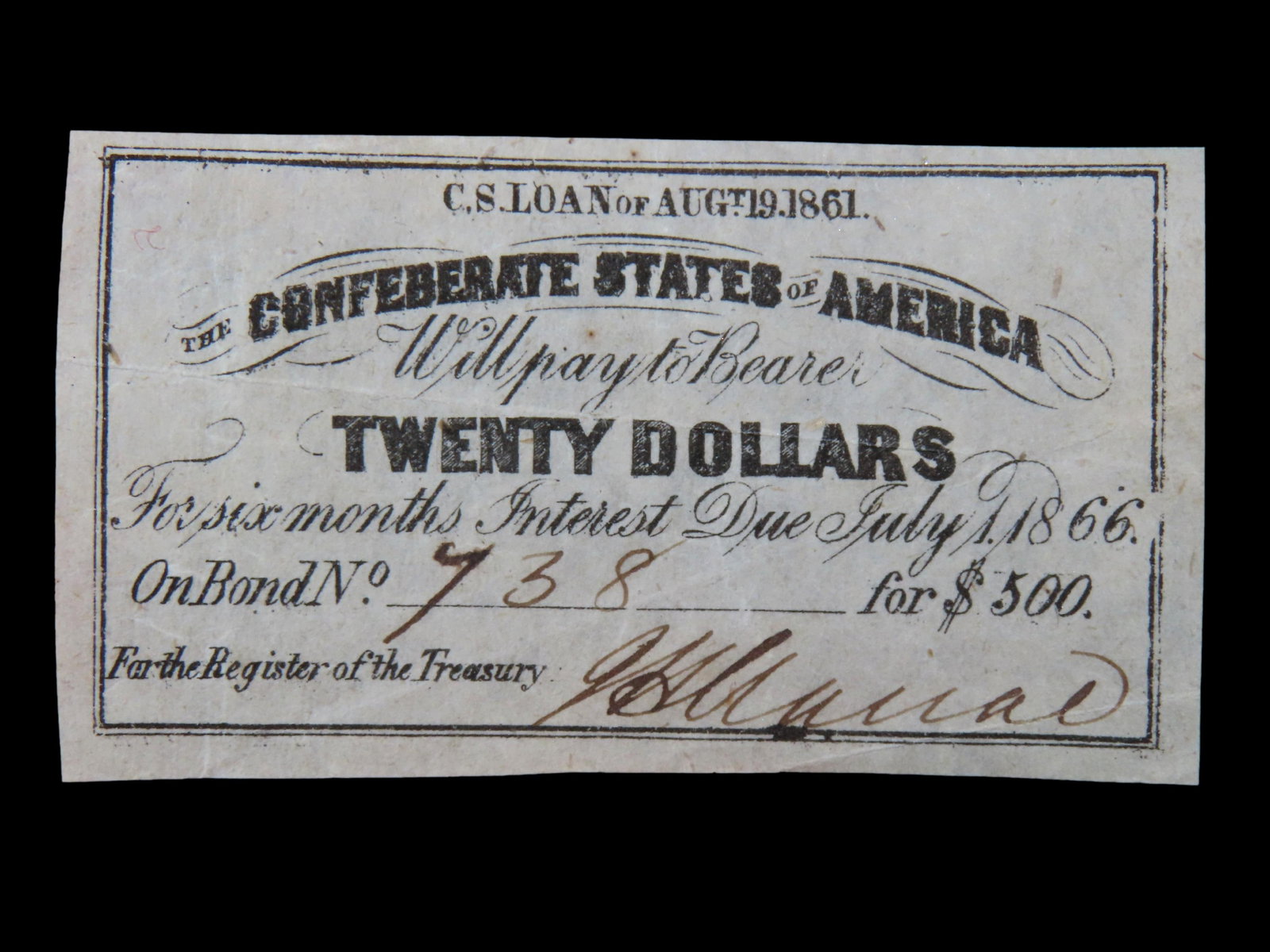 CIVIL WAR CONFEDERATE CURRENCY $20 BOND NOTE, DATED AUGUST 19, 1861, GREAT PIECE OF AMERICAN HISTORY (1 of 3)