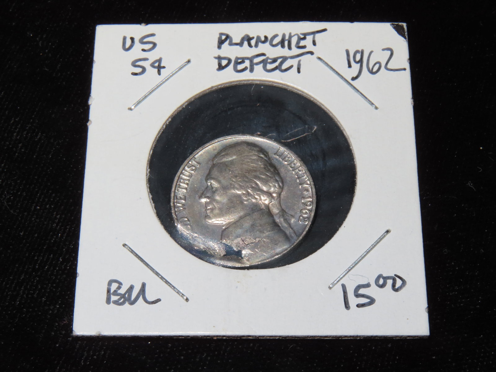 1962 United States of America Nickel with Major Planchett Defect: 1962 United States of America Nickel with Major Planchett Defect