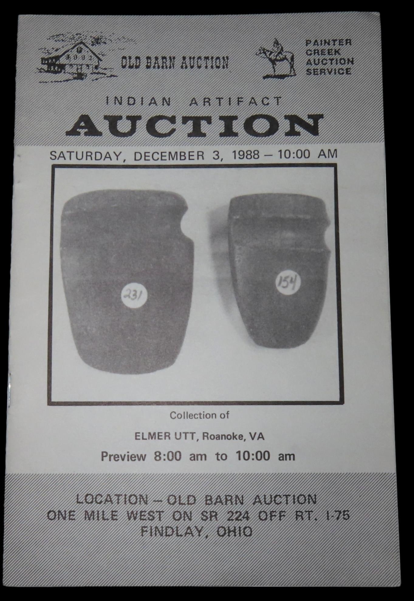 Elmer Utt Collection Indian Artifact Auction Catalog, Old Barn Auction, Dec 3, 1988: Elmer Utt Collection Indian Artifact Auction Catalog, Old Barn Auction, Dec 3, 1988