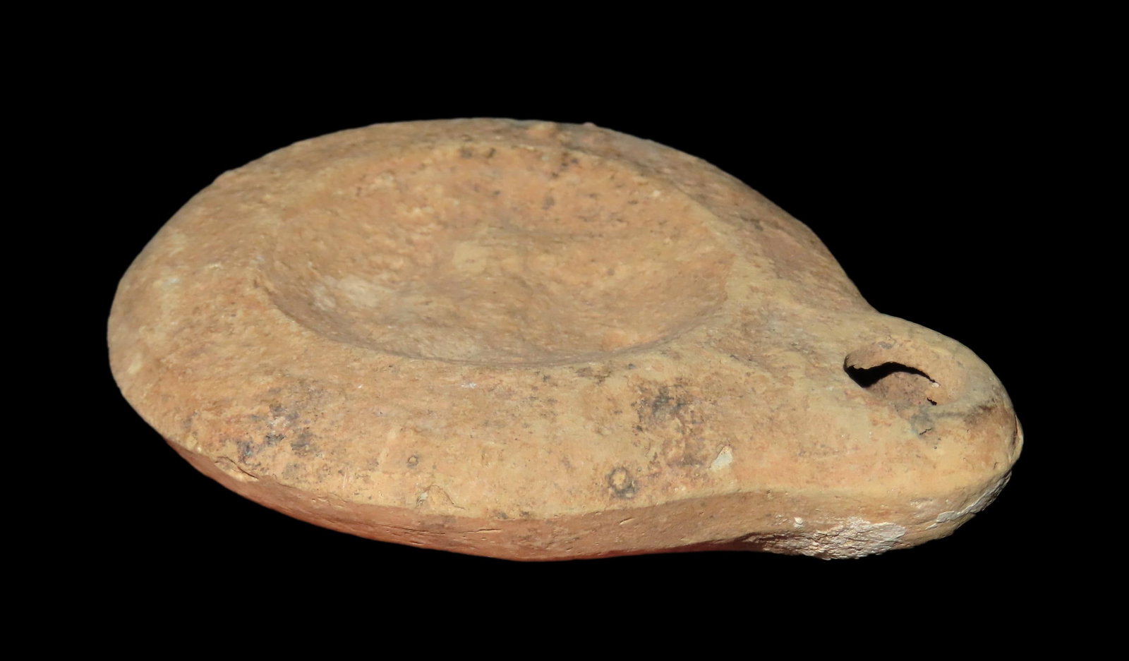 3 3/8" dia. Terra Cotta Oil Lamp, found in Turkey: 3 3/8" dia. Terra Cotta Oil Lamp, found in Turkey