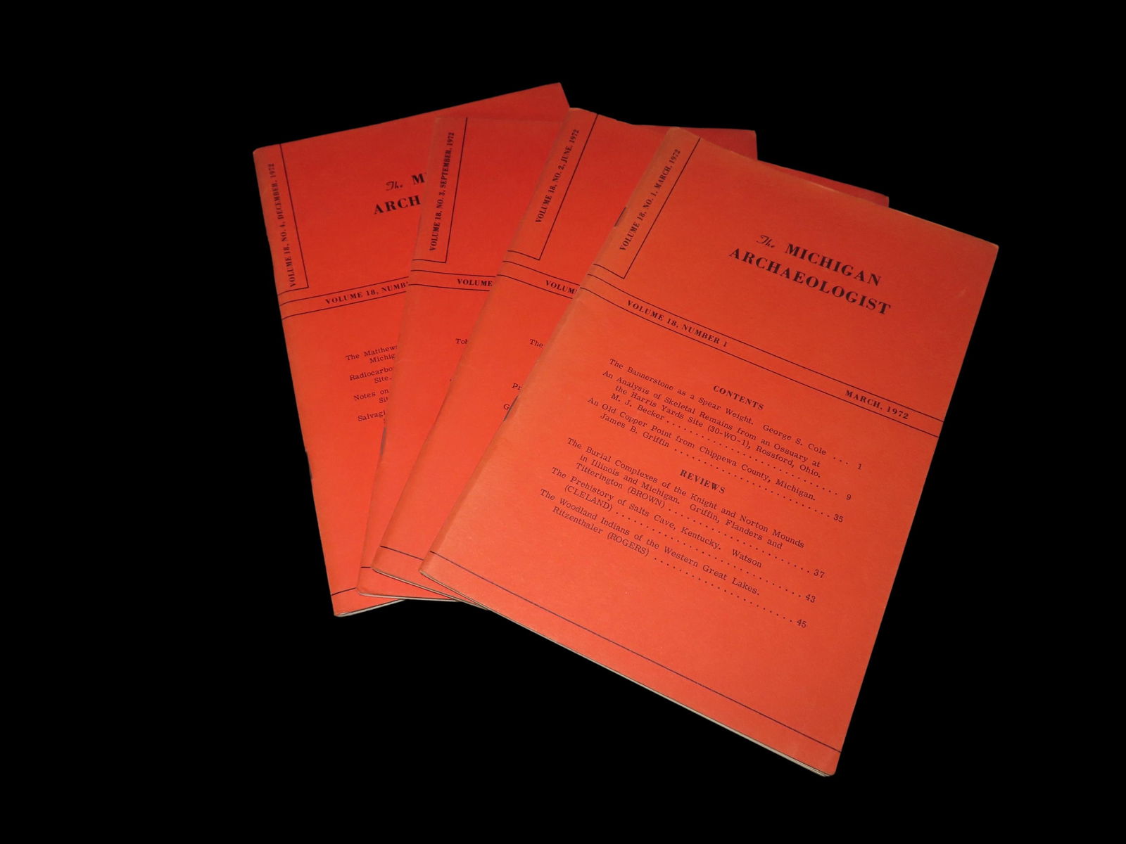 COMPLETE SET OF MICHIGAN ARCHAEOLOGIST JOURNALS FROM 1972, ARTICLES/PICS ON ARROWHEADS, AXES, CELTS, (1 of 2)