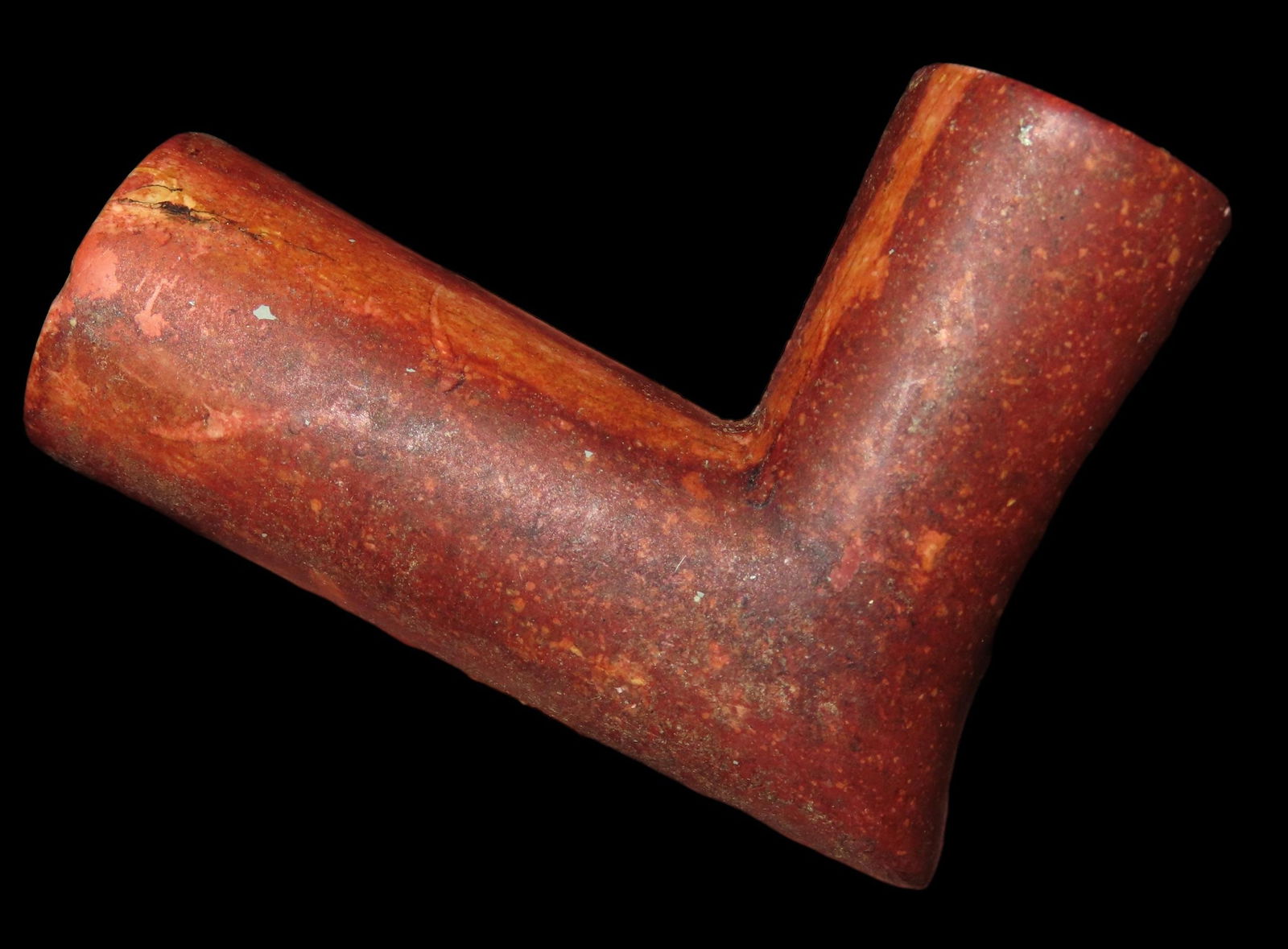 3 1/16" HISTORIC PLAINS INDIAN CATLINITE ELBOW PIPE, EX FLOYD RITTER COLLECTION, NICE COLORFUL (1 of 6)