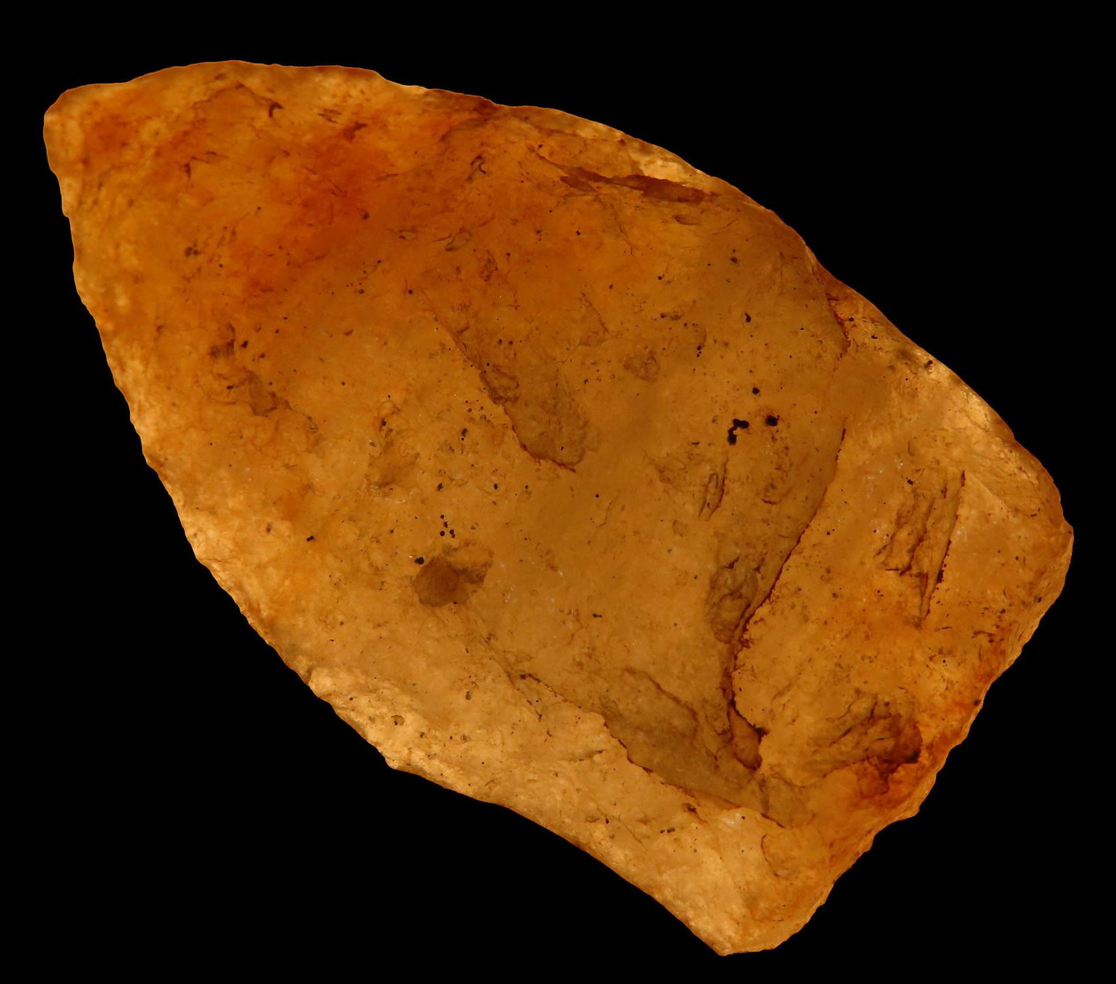 1 9/16" SUGAR QUARTZ STEMMED PALEO / CODY KNIFE, SHOULDERS ARE LIGHTLY GROUND, SEVERAL BASAL (1 of 5)