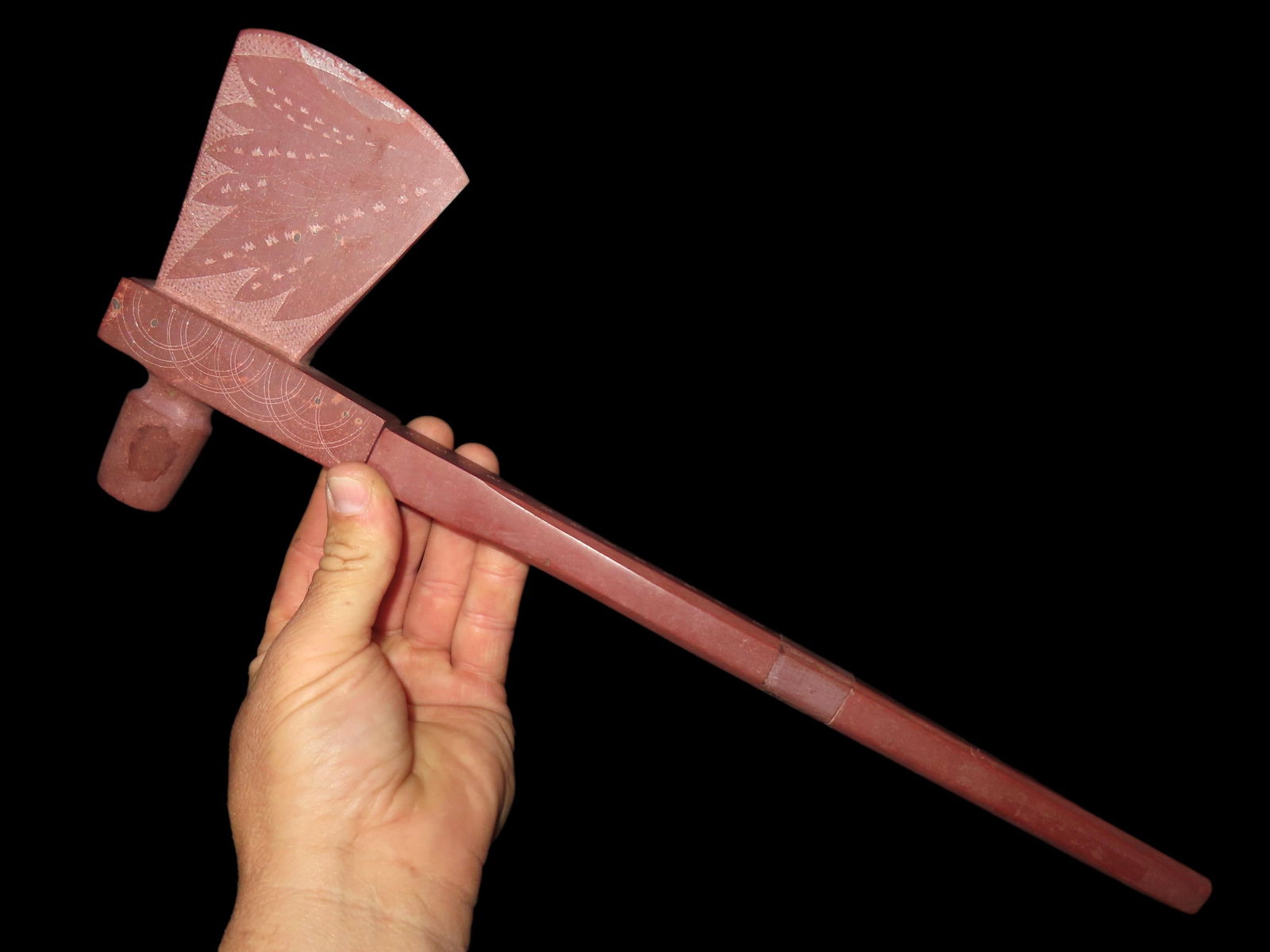 15 1/8" LONG PLAINS INDIAN CATLINITE PIPE TOMAHAWK, NICE HISTORIC EXAMPLE WITH INTRICATE ENGRAVED (1 of 7)