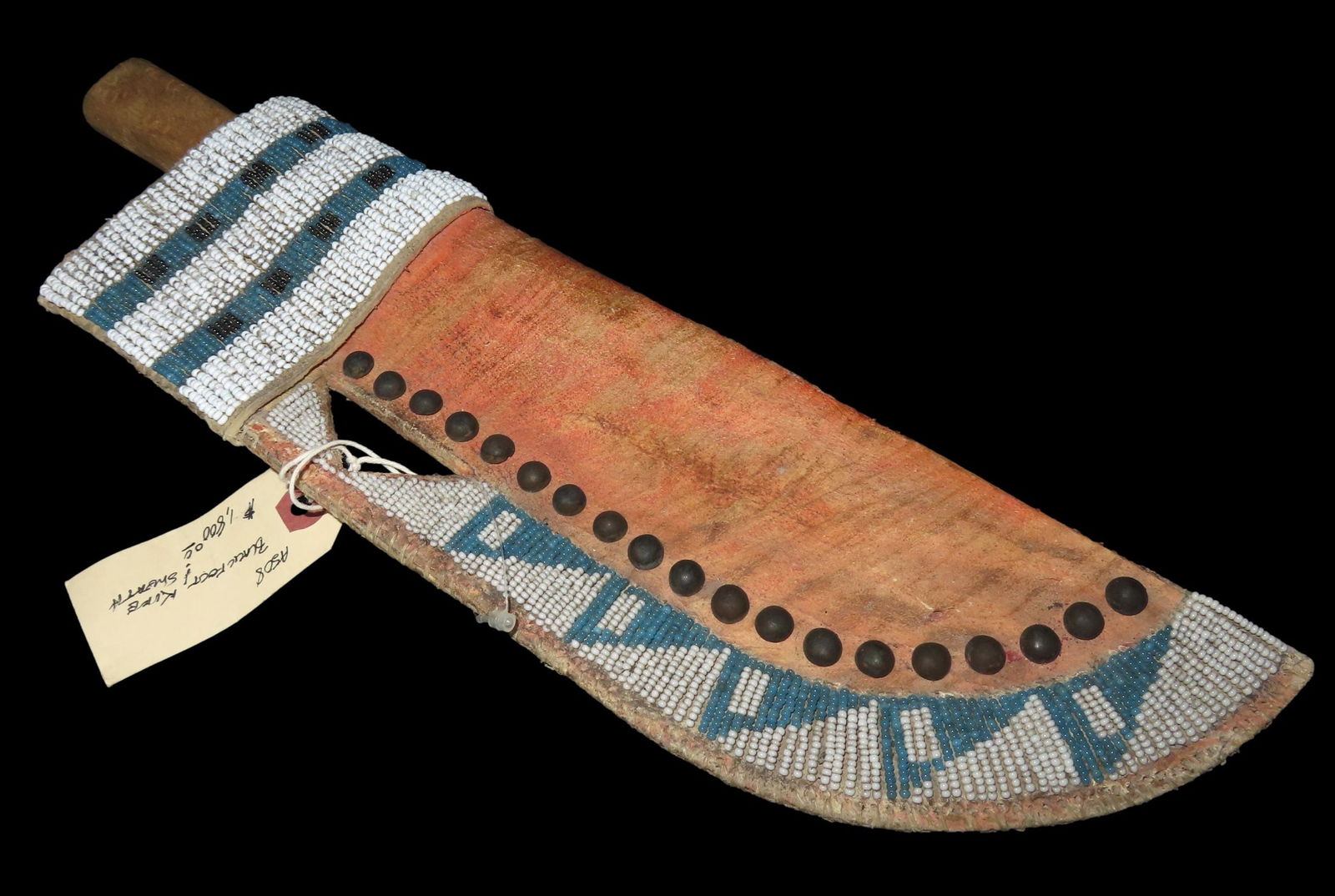 AMAZING BLACKFOOT PLAINS INDIAN KNIFE & BEADED / TACKED SHEATH, HISTORIC NATIVE AMERICAN BEADWORK. (1 of 6)