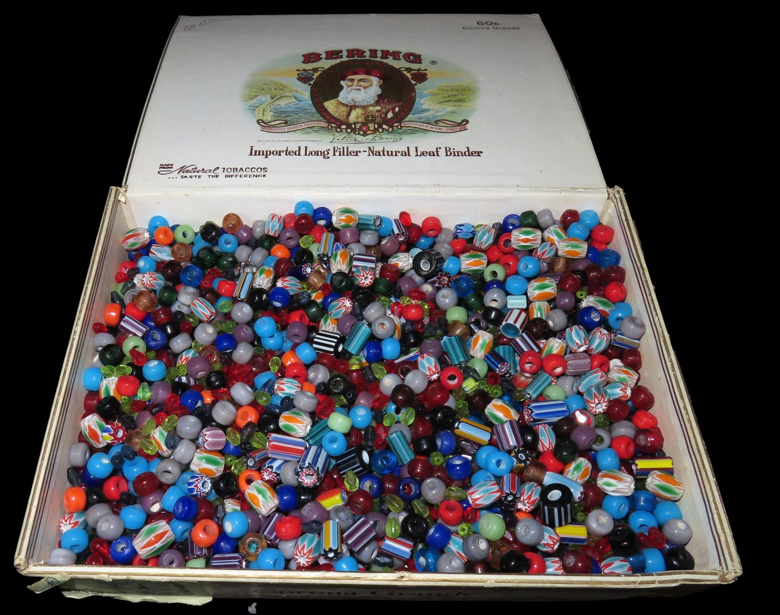 CIGAR BOX FULL OF 1000'S OF COLORFUL GLASS TRADE BEADS (1 of 3)