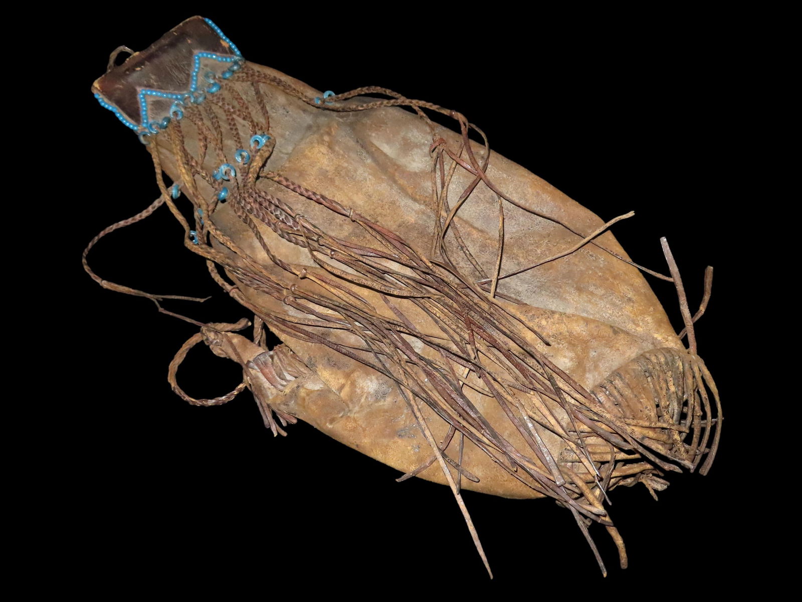 24" LONG LEATHER BEADED PIPE BAG, LATE 19TH CENTURY TO EARLY 20TH CENTURY, NICE OLD EXAMPLE, EX DR (1 of 3)