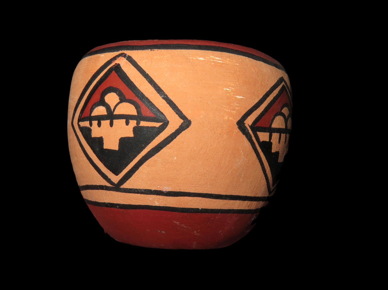 COLORFUL 2 1/2" X 2 1/8" MINI PUEBLO POTTERY BOWL, POT, SIGNED; JOSE R. LORETTO, 1982 TOURIST TRADE (1 of 6)