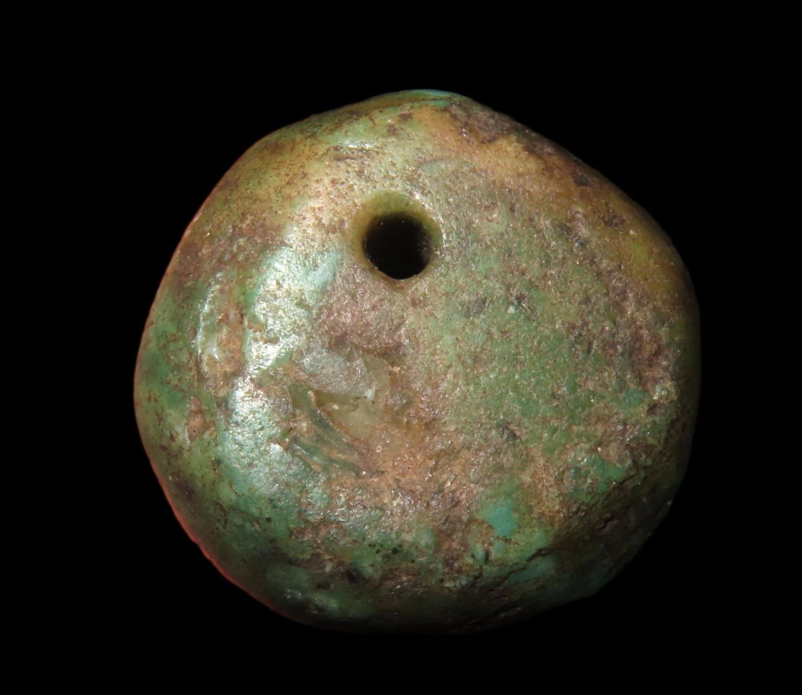 HIGHLY POLISHED MAYAN JADE BEAD FROM GUATEMALA, VERY COLORFUL EXAMPLE, CIRCA 250-800AD, PRECOLUMBIAN (1 of 4)