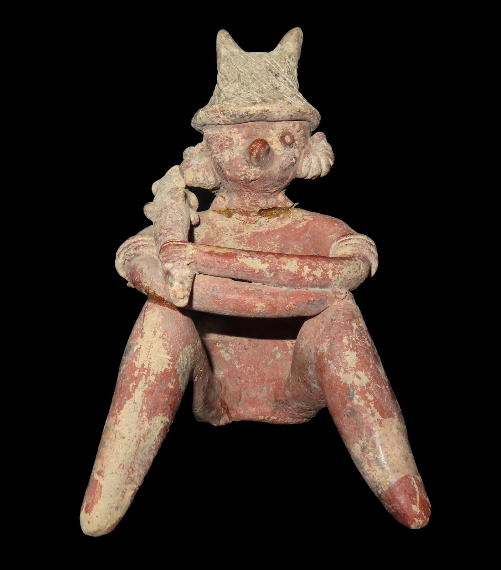 5 1/4" TALL POTTERY HUMAN EFFIGY FIGURE, SITS UPRIGHT, PRECOLUMBIAN STATUE, COMPLETE AND ORIGINAL, (1 of 6)