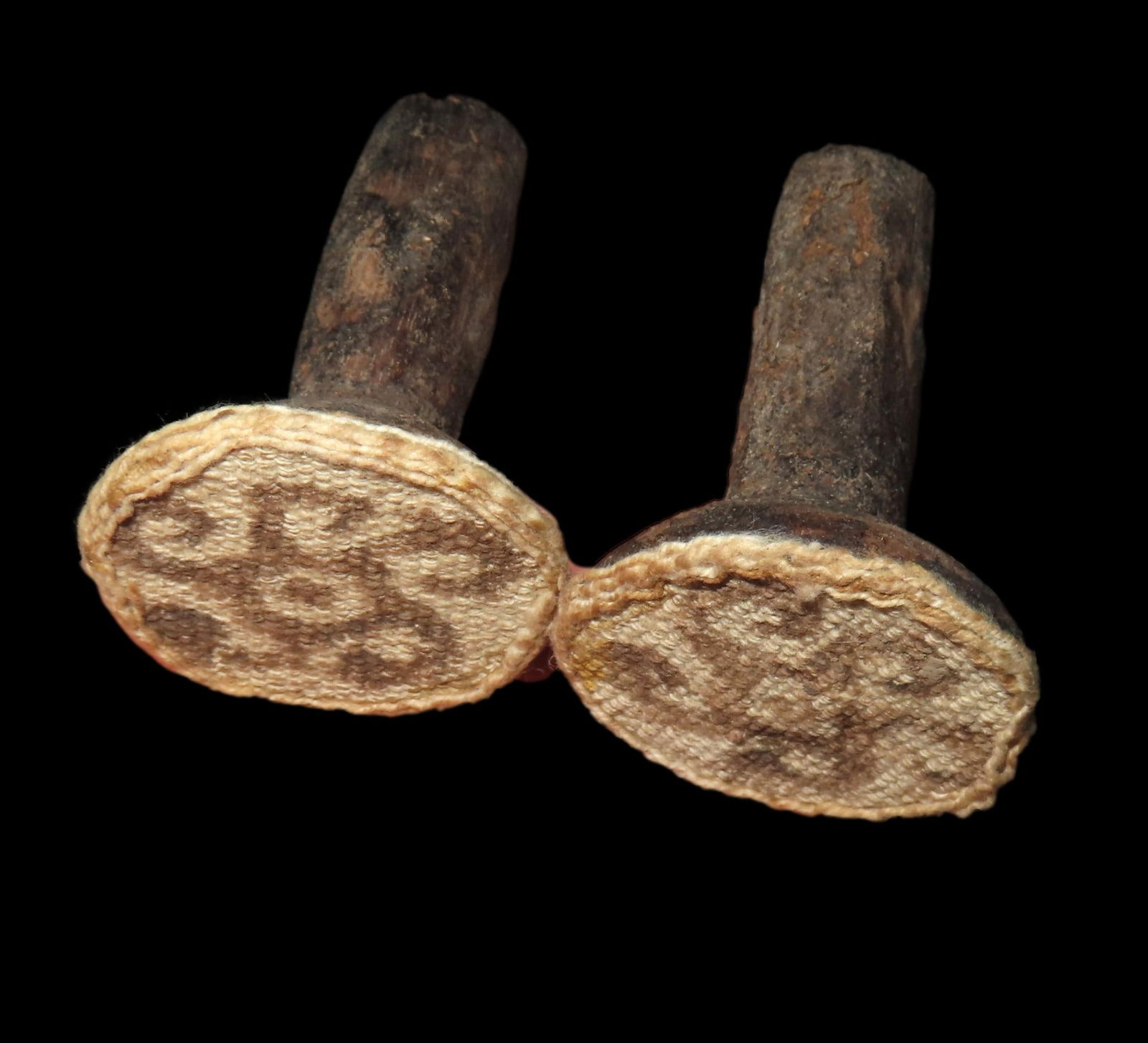 INCREDIBLE PAIR OF PRE-COLUMBIAN CHIMU EAR SPOOLS, WOOD WITH ORIGINAL PAINTED WOVEN FABRIC DESIGN, (1 of 4)
