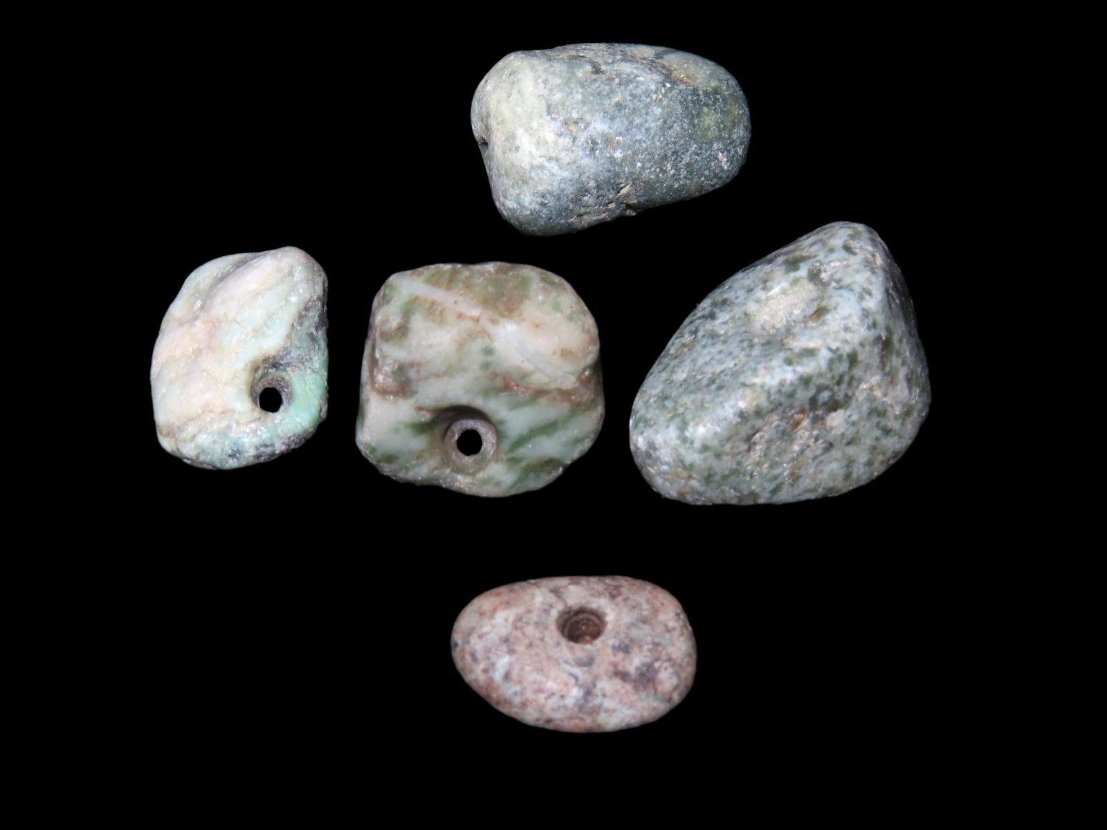 LOT OF 5 MEZCALA JADEITE DRILLED STONE BEADS, MEXICO, NICELY POLISHED COLORFUL EXAMPLES: LOT OF 5 MEZCALA JADEITE DRILLED STONE BEADS, MEXICO, NICELY POLISHED COLORFUL EXAMPLES