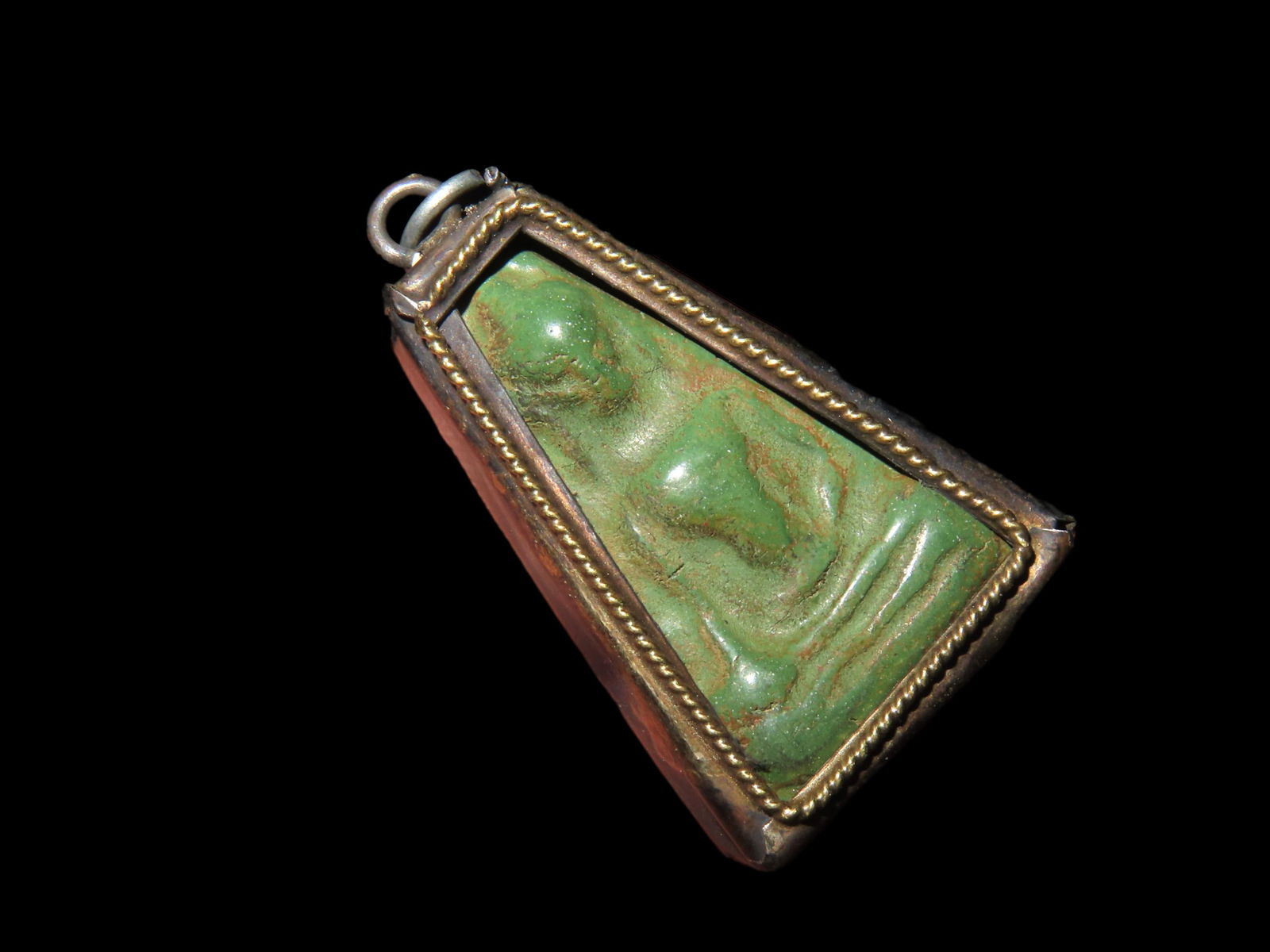 ANTIQUE CHINESE CARVED STONE RELIGOUS BUDDAH PENDANT, WRAPPED IN BRONZE BEZEL, GREAT VINTAGE PIECE (1 of 4)