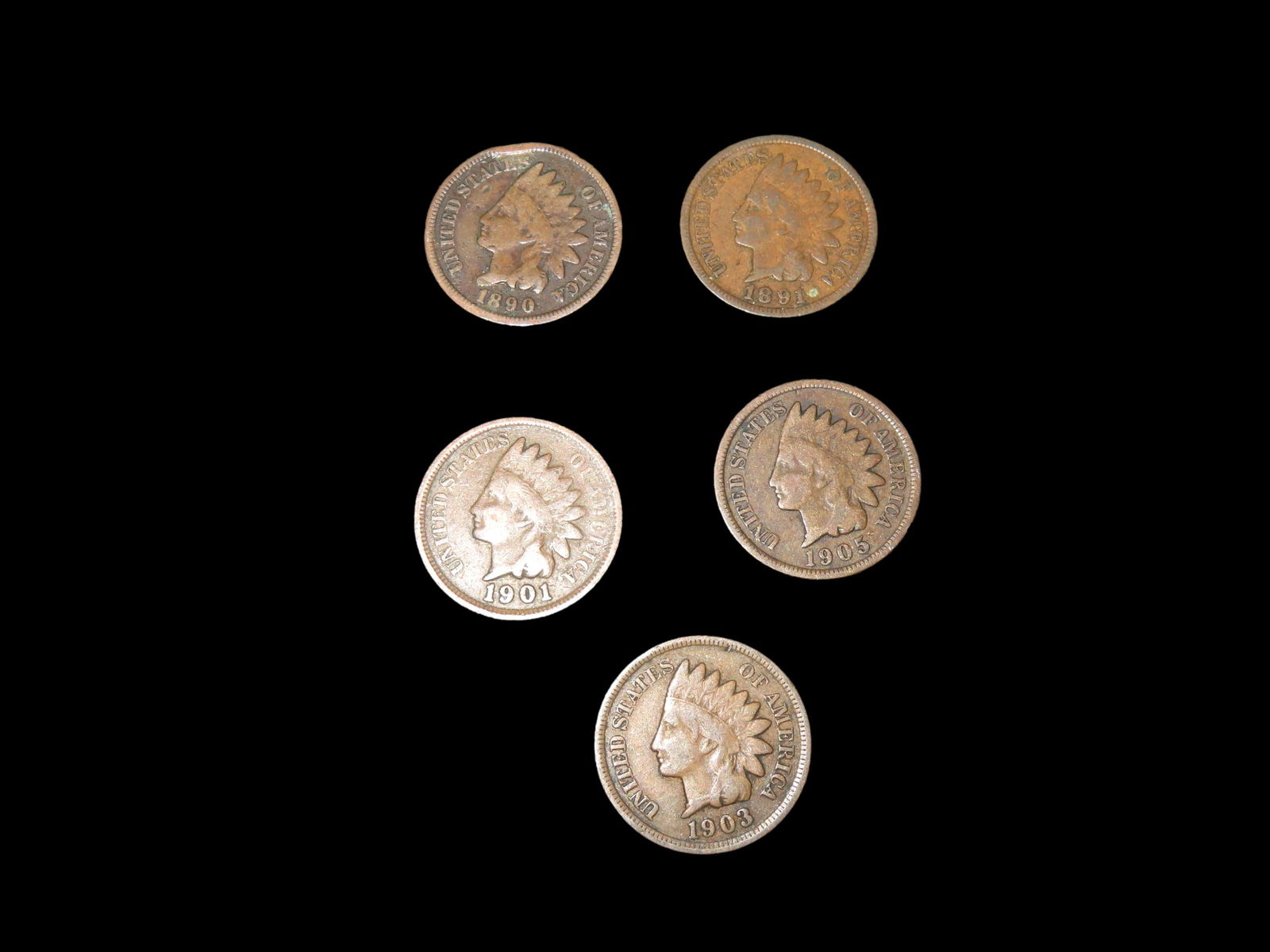 LOT OF 5 DIFFERENT DATE INDIAN HEAD CENTS FROM 1800'S & 1900'S, ALL IN GOOD-FINE CONDITION WITH NICE (1 of 2)