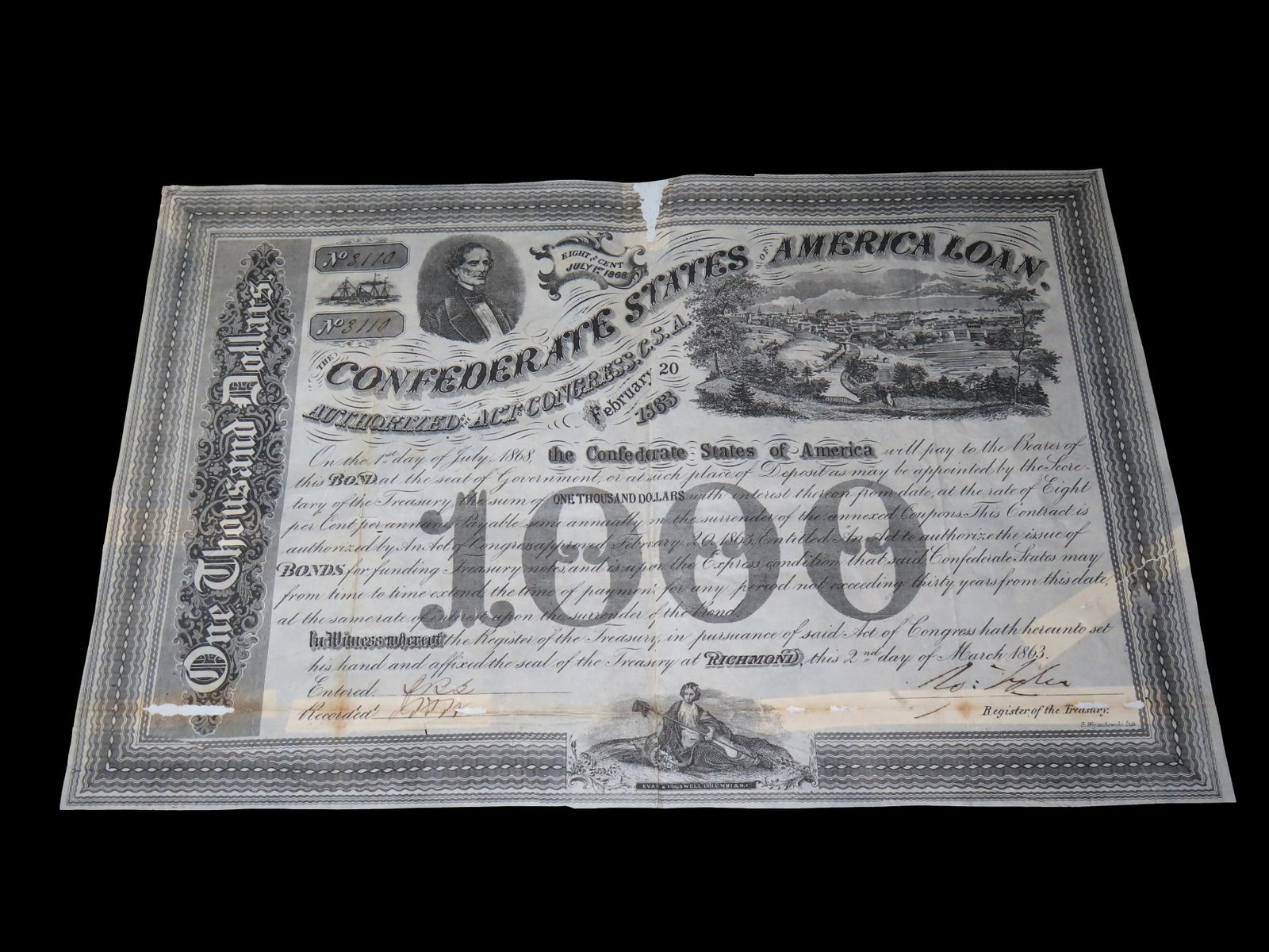 CIVIL WAR CONFEDERATE STATESS $1000 LOAN BOND DATED MARCH 2ND, 1863, HAND SIGNED ORIGINAL DOCUMENT,: CIVIL WAR CONFEDERATE STATESS $1000 LOAN BOND DATED MARCH 2ND, 1863, HAND SIGNED ORIGINAL DOCUMENT, GREAT PIECE OF AMERICAN HISTORY