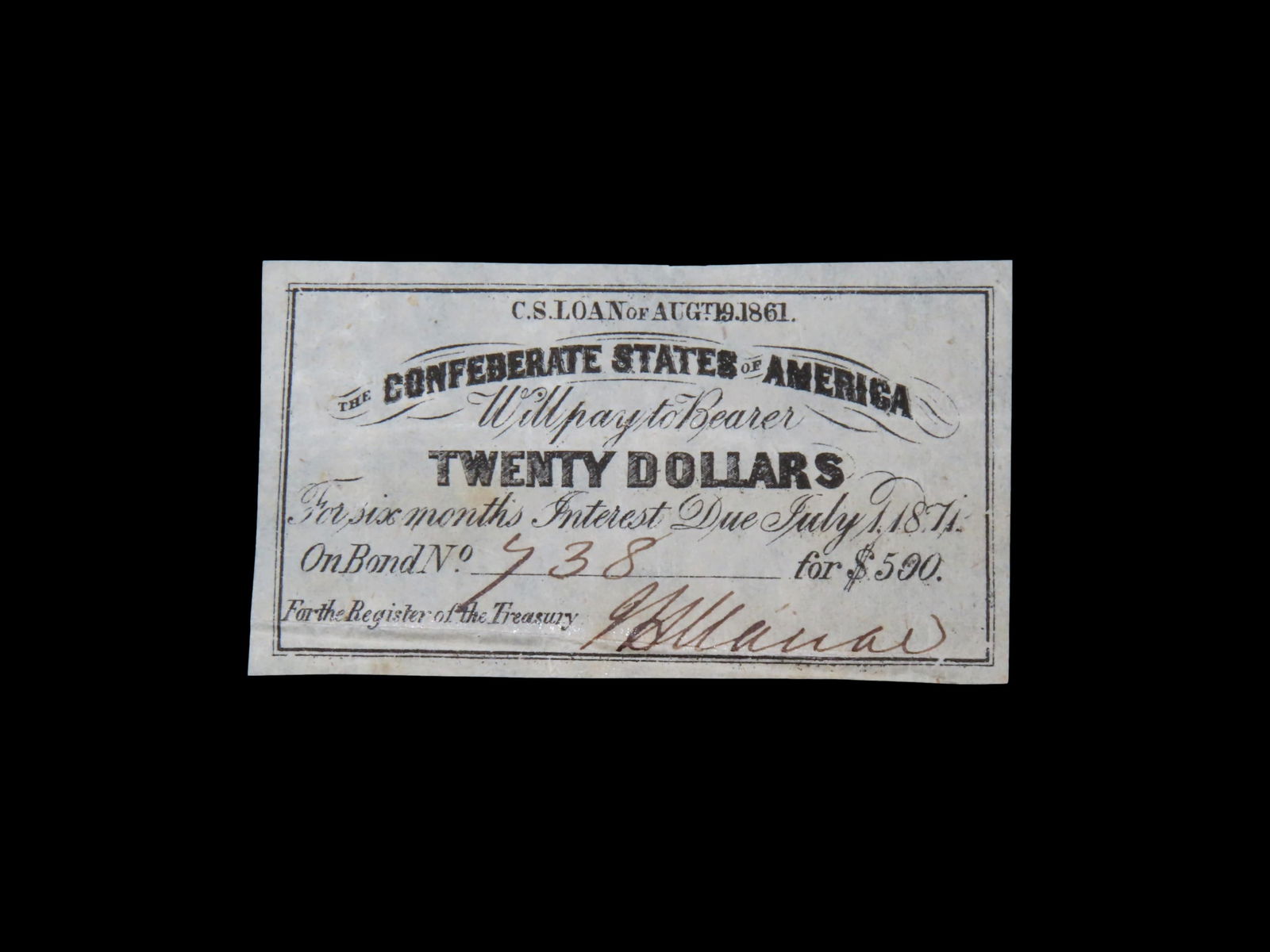 CIVIL WAR CONFEDERATE CURRENCY $20 BOND NOTE, DATED JULY  1, 1871, GREAT PIECE OF AMERICAN HISTORY (1 of 2)
