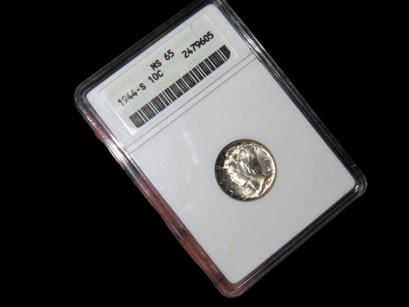 MS65 ANACS SLABBED 1944-S MERCURY DIME, BU, UNC, BRILLANT UNCIRCULATED, BEAUTIFUL ORIGINAL LUSTR, (1 of 4)