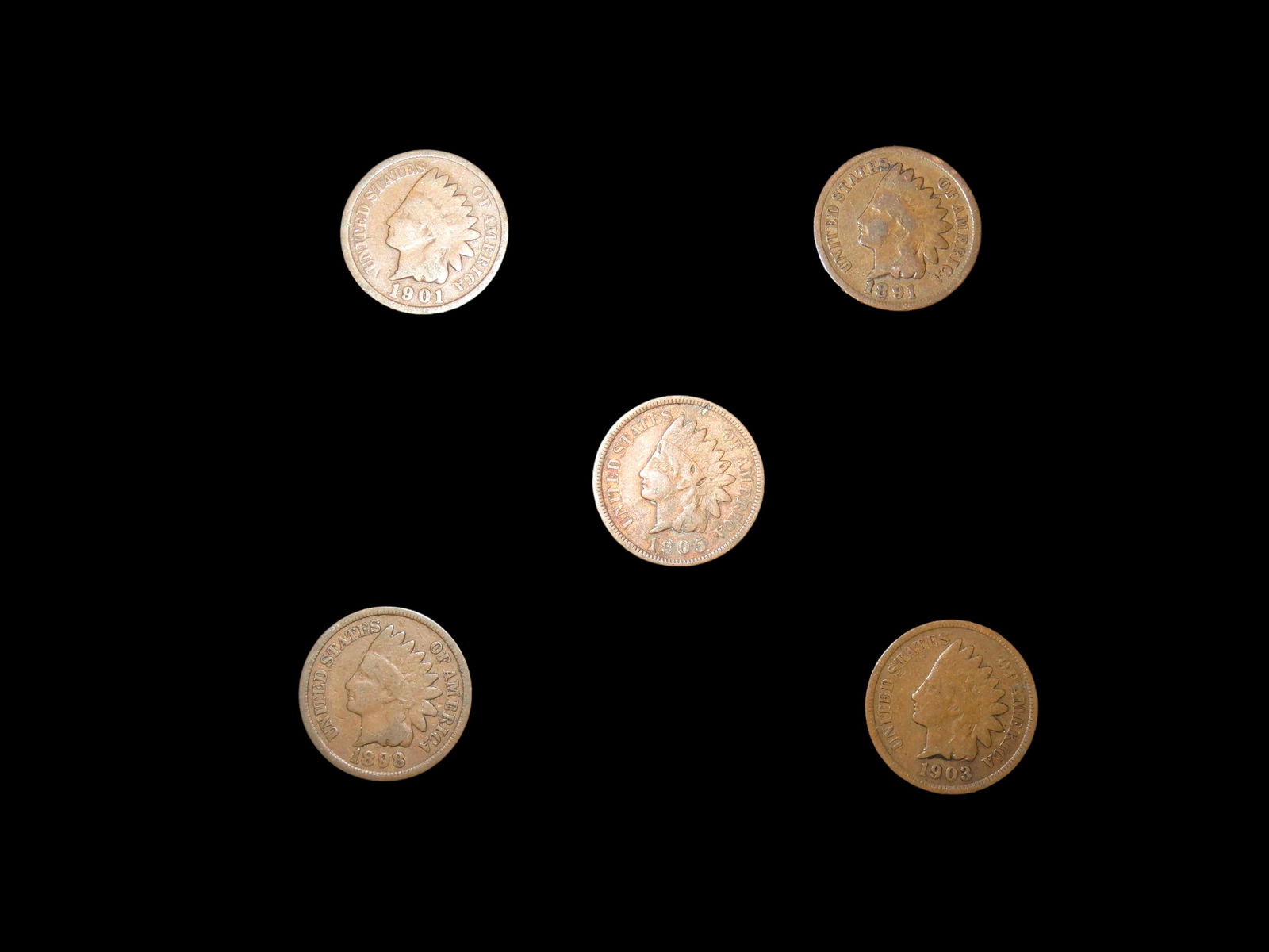 LOT OF 5 DIFFERENT DATE INDIAN HEAD CENTS FROM 1800'S & 1900'S, ALL IN GOOD-FINE CONDITION WITH NICE (1 of 2)
