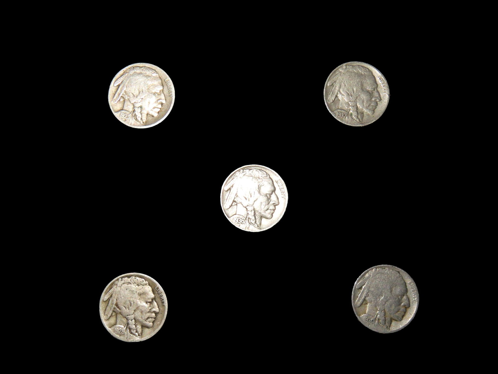 LOT OF 5 BUFFALO NICKELS FROM 1920'S & 1930'S, ALL BETTER CONDITION WITH FULL DATES, INDIAN HEAD (1 of 2)