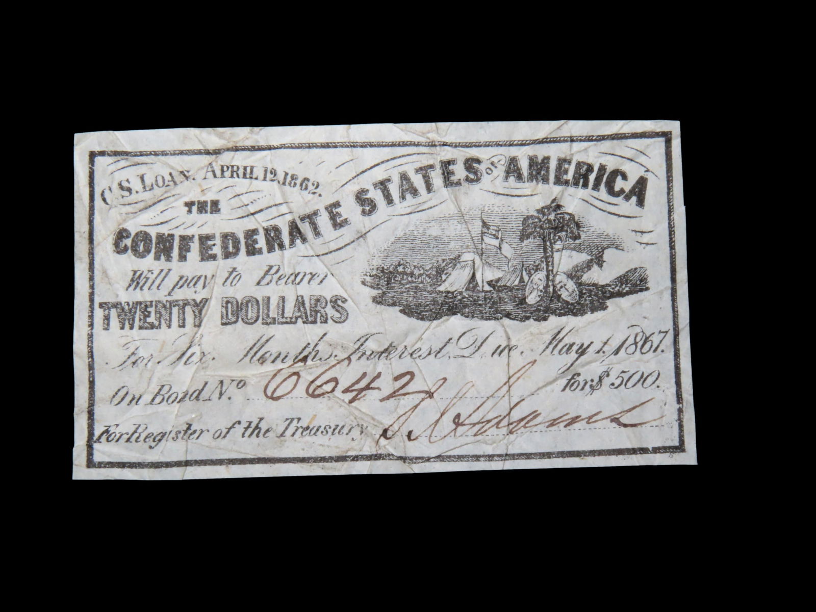 CIVIL WAR CONFEDERATE CURRENCY $20 BOND NOTE, DATED MAY 1, 1867, GREAT PIECE OF AMERICAN HISTORY (1 of 2)